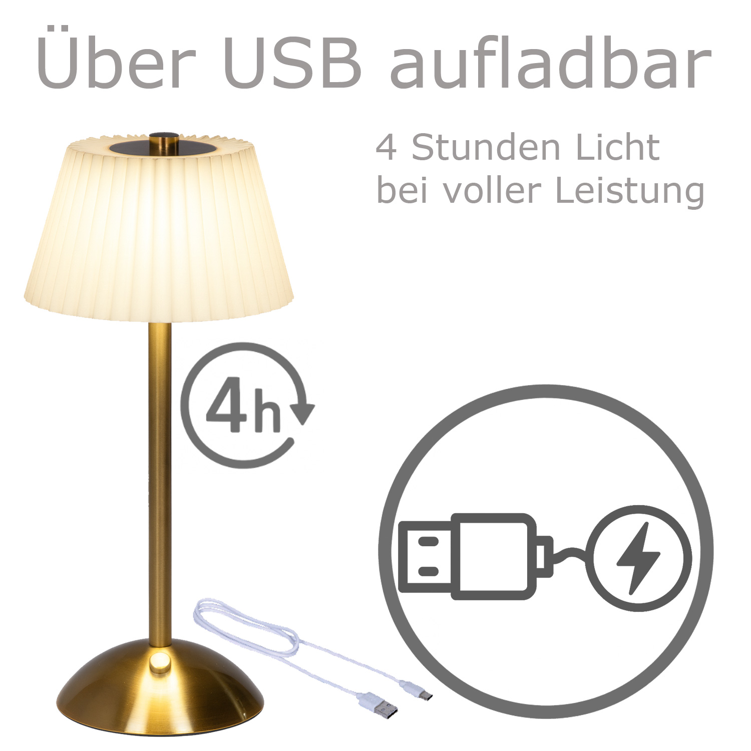 LED Tischlampe GENUA - wiederaufladbar per USB - 3 Lichtfarben - dimmbar - H:30,5cm - creme