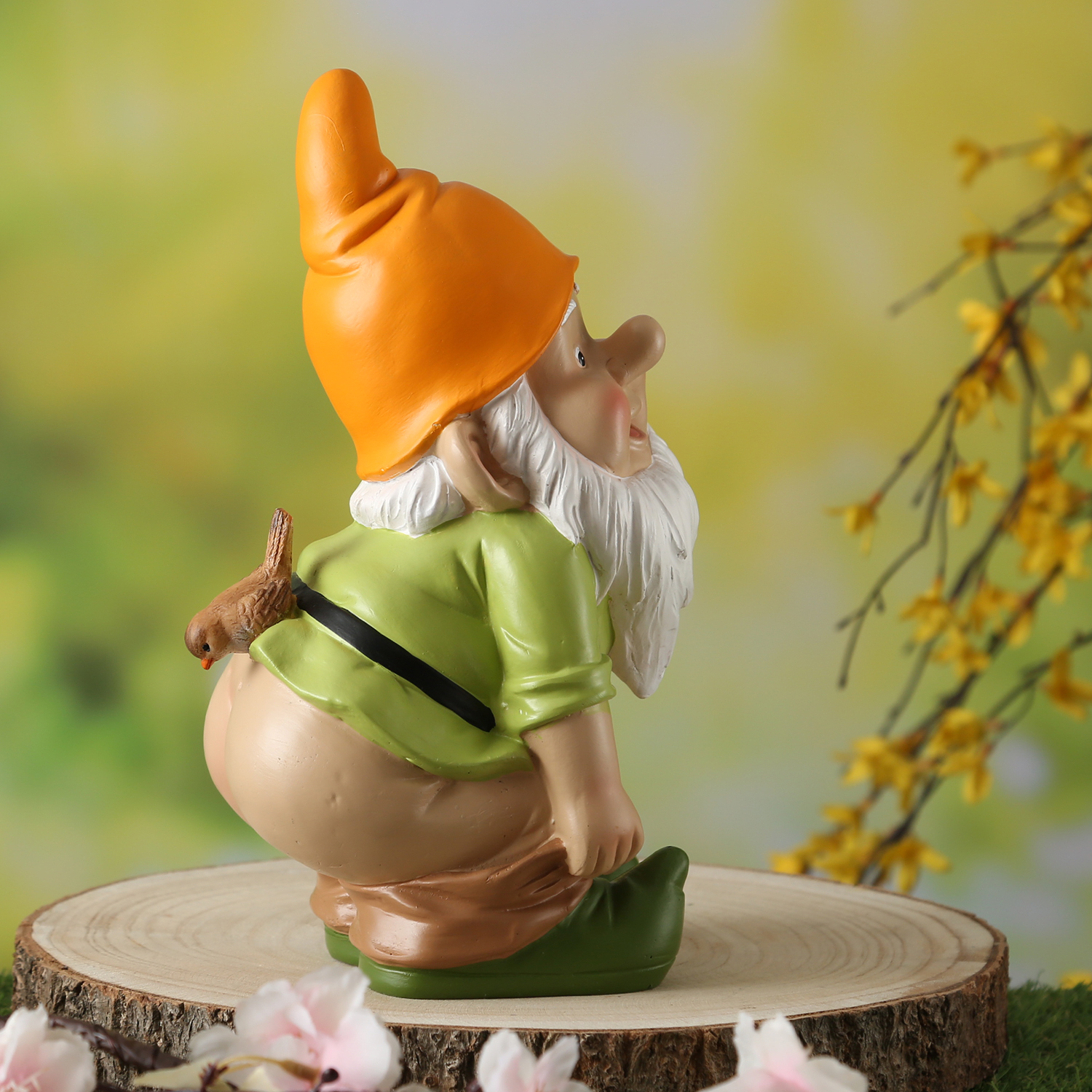 Gartenzwerg Hose Runter mit Vögelchen - Frecher Zwerg mit nacktem Po  - Polyresin - H: 27cm