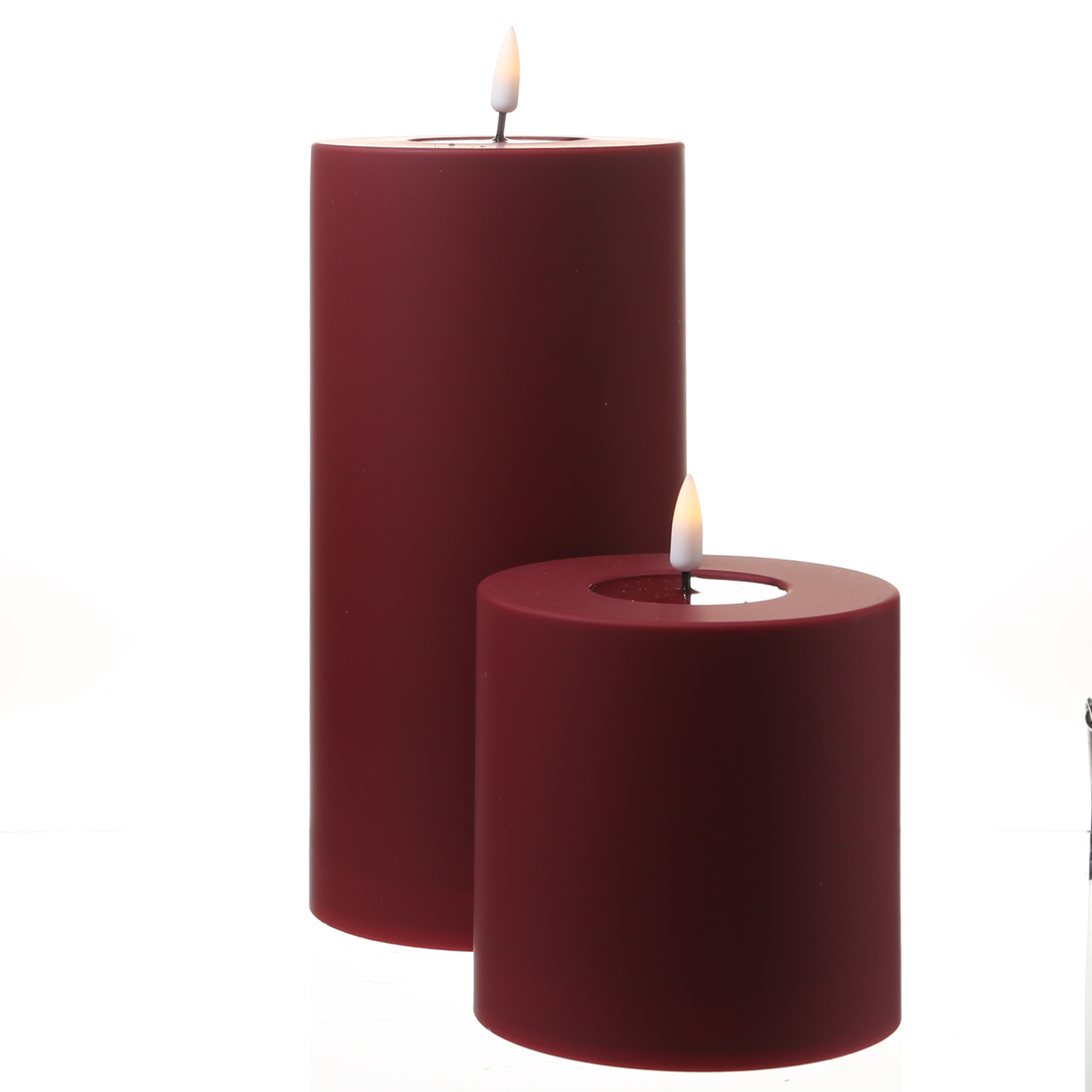 LED Stumpenkerze MIA - Kunststoff - realistische 3D Flamme - H: 10cm - f. Außen - bordeaux/dunkelrot