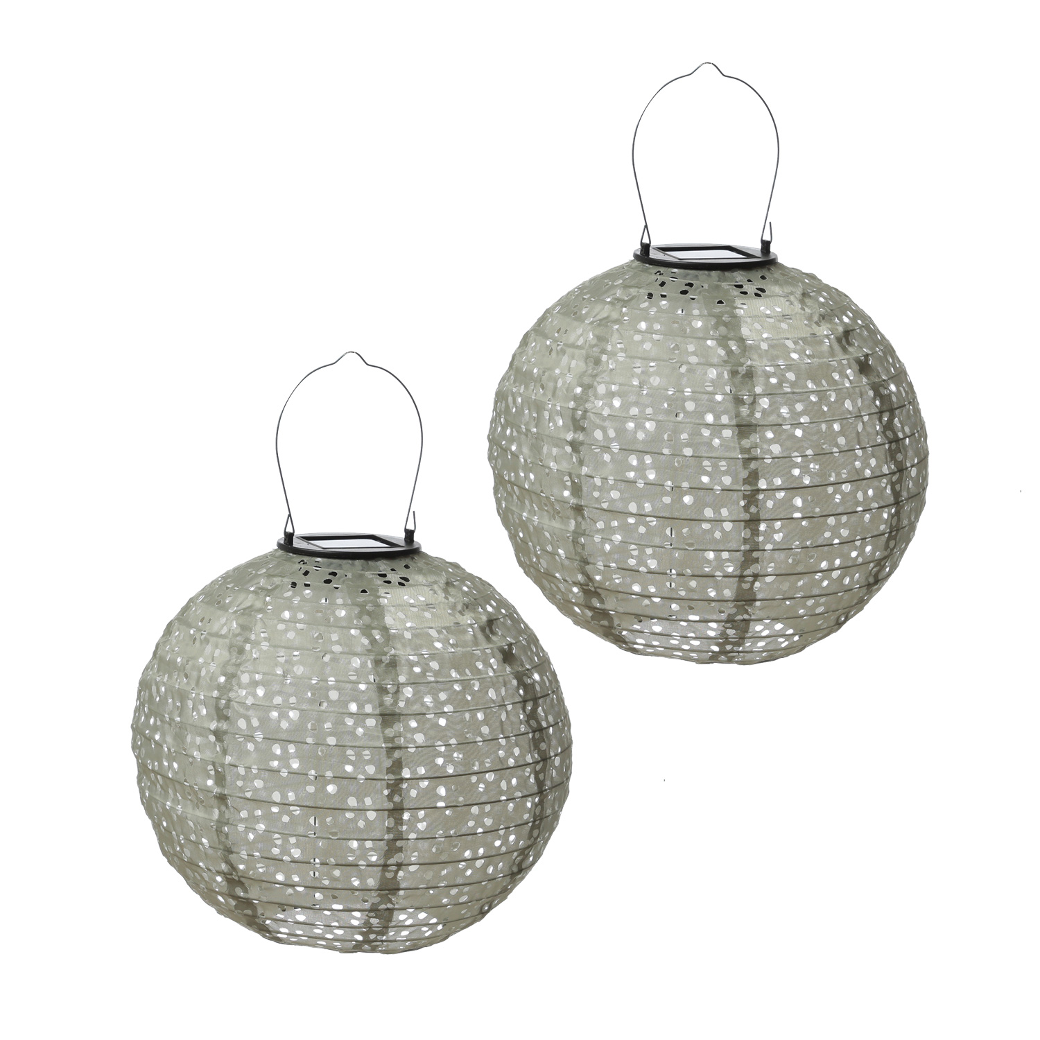 LED Solar Lampions - mit Blumenmuster - warmweiße LED - D: 25cm - Lichtsensor - grün - 2 Stück