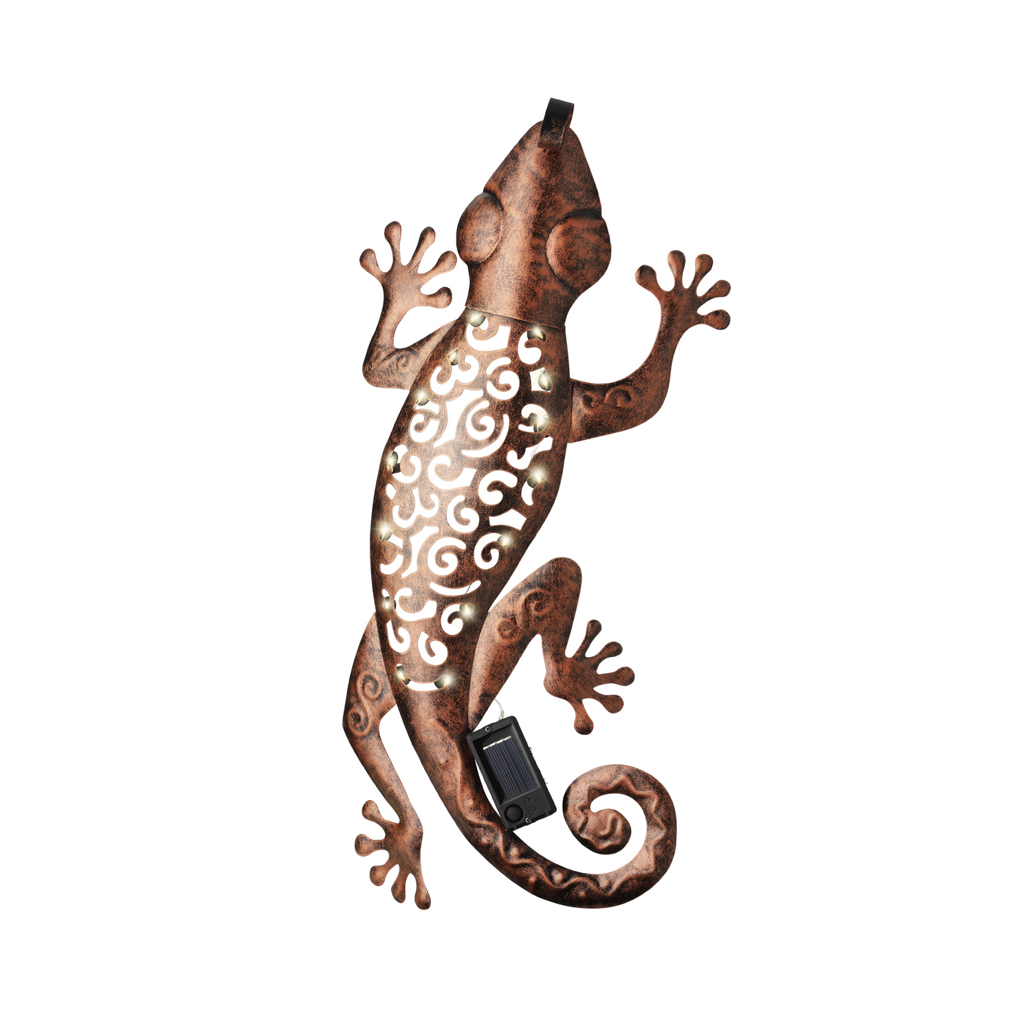 LED Solar Gartendeko GECKO - 15 warmweiße LED - H: 46cm - Dämmerungssensor - kupfer