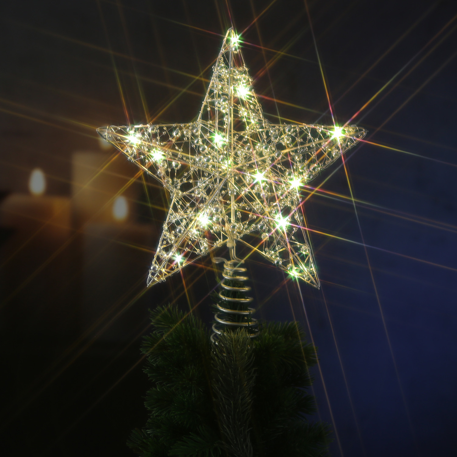 LED Weihnachtsbaumspitze Stern mit Perlen - 15 warmweiße LED - Batterie - Timer - H: 29cm - silber