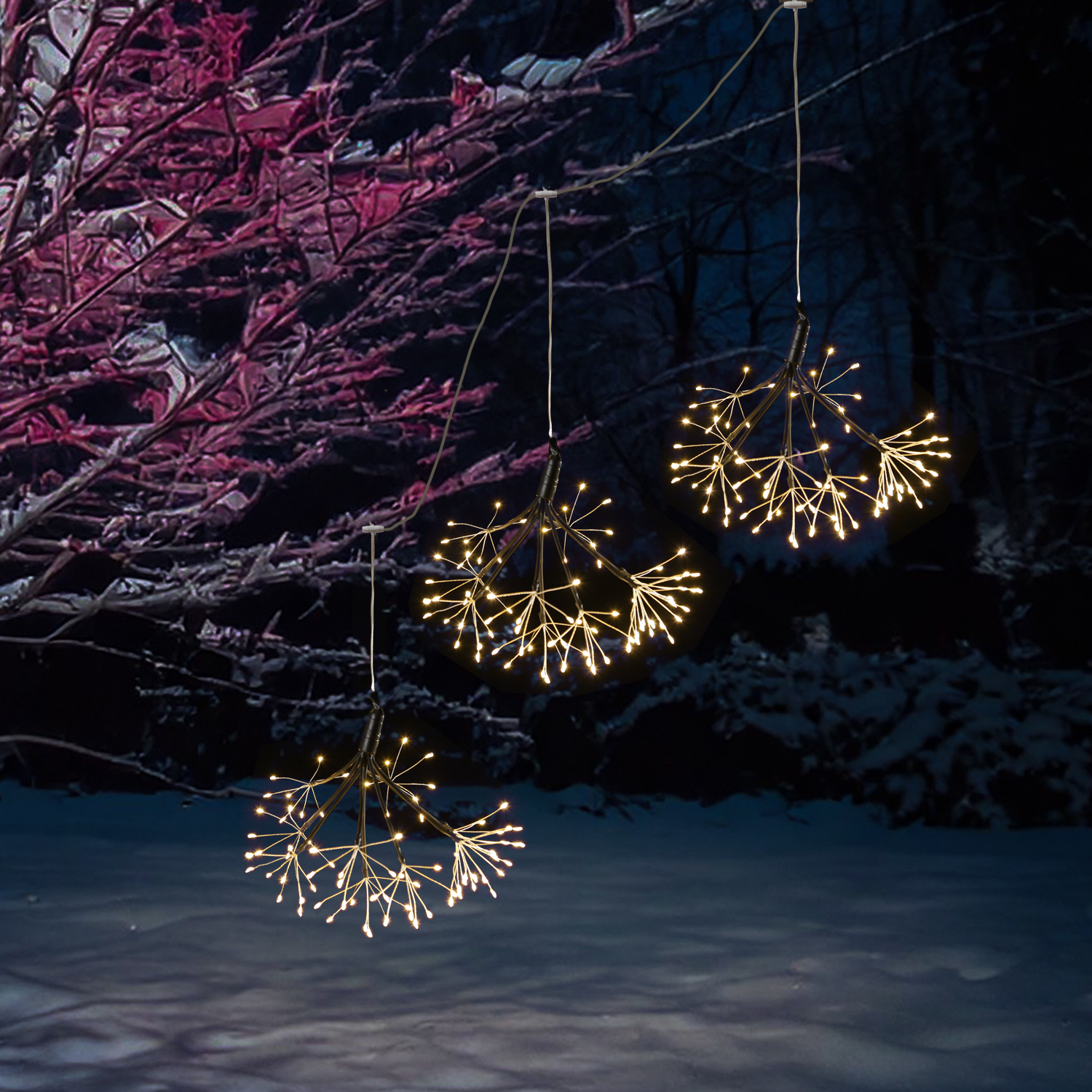 LED Feuewerk Leuchte - Polarsterne - Pusteblume - 240LED - hängend - 8Funkt./Fernb.- 3er Set schwarz