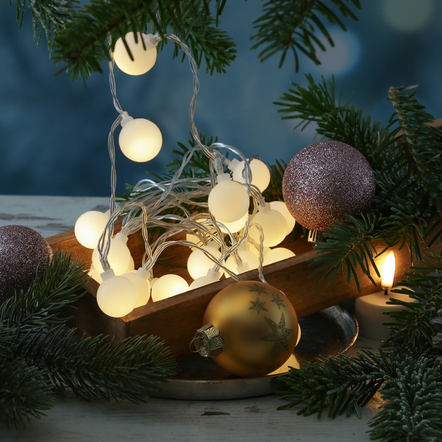 LED Lichterkette BERRY TWINKLE - 30 weiße Kugeln - 8 Funktionen - Timer - L: 2,9m - für Außen