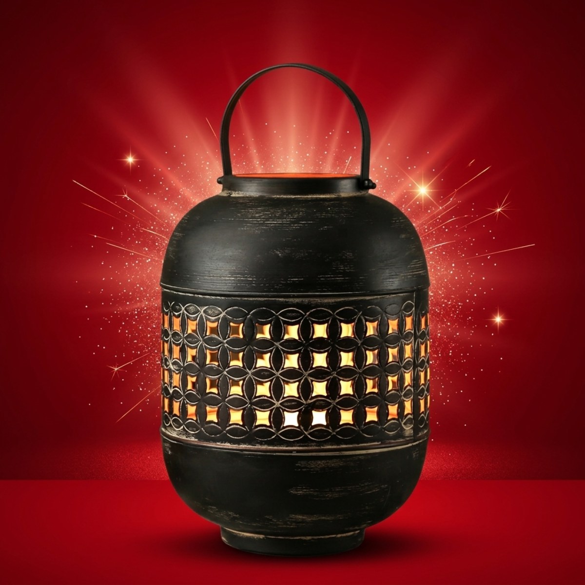 Laterne - Windlicht mit Henkel - Metall - H: 31cm - schwarz, kupfer