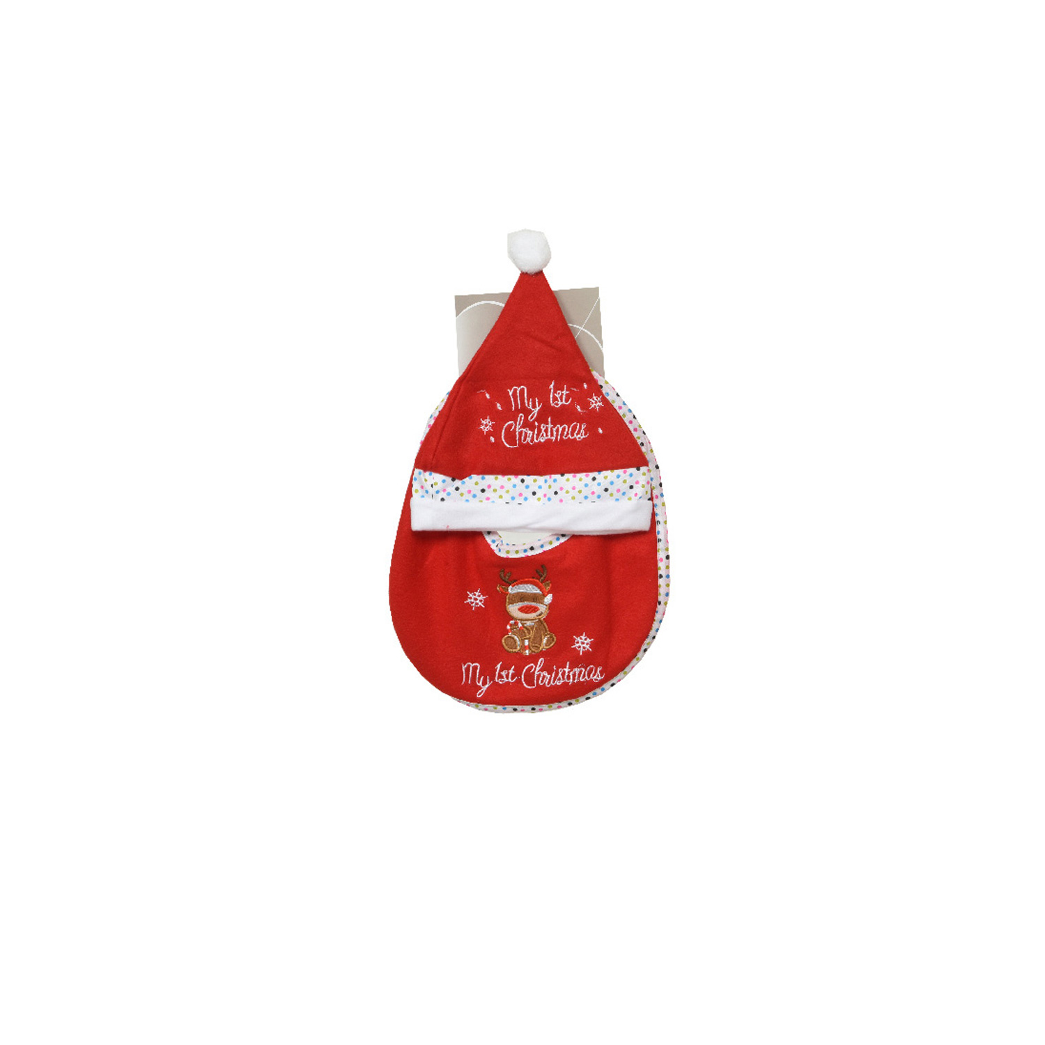 Baby Weihnachts-Geschenkset MY FIRST - Mütze und Lätzchen mit Rentier - Polyester - rot, weiß