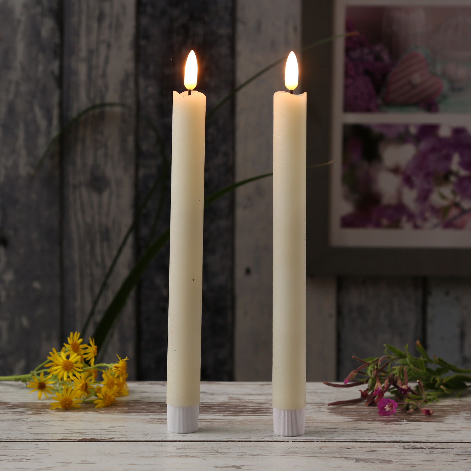 LED Stabkerzen Flamme - Echtwachs - flackernde warmweiße LED - H: 25cm - Timer - creme - 2er Set