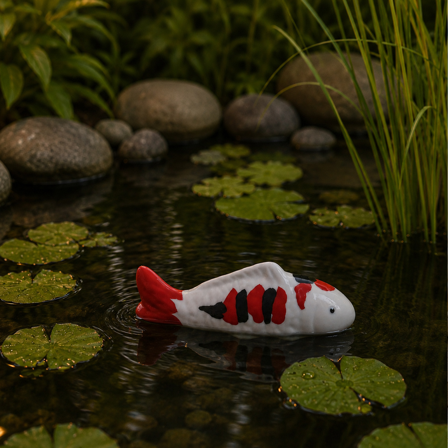 Teichdeko Fisch ZEUS - Dekofigur - Porzellan - schwimmend - L: 10cm - weiß, schwarz, rot