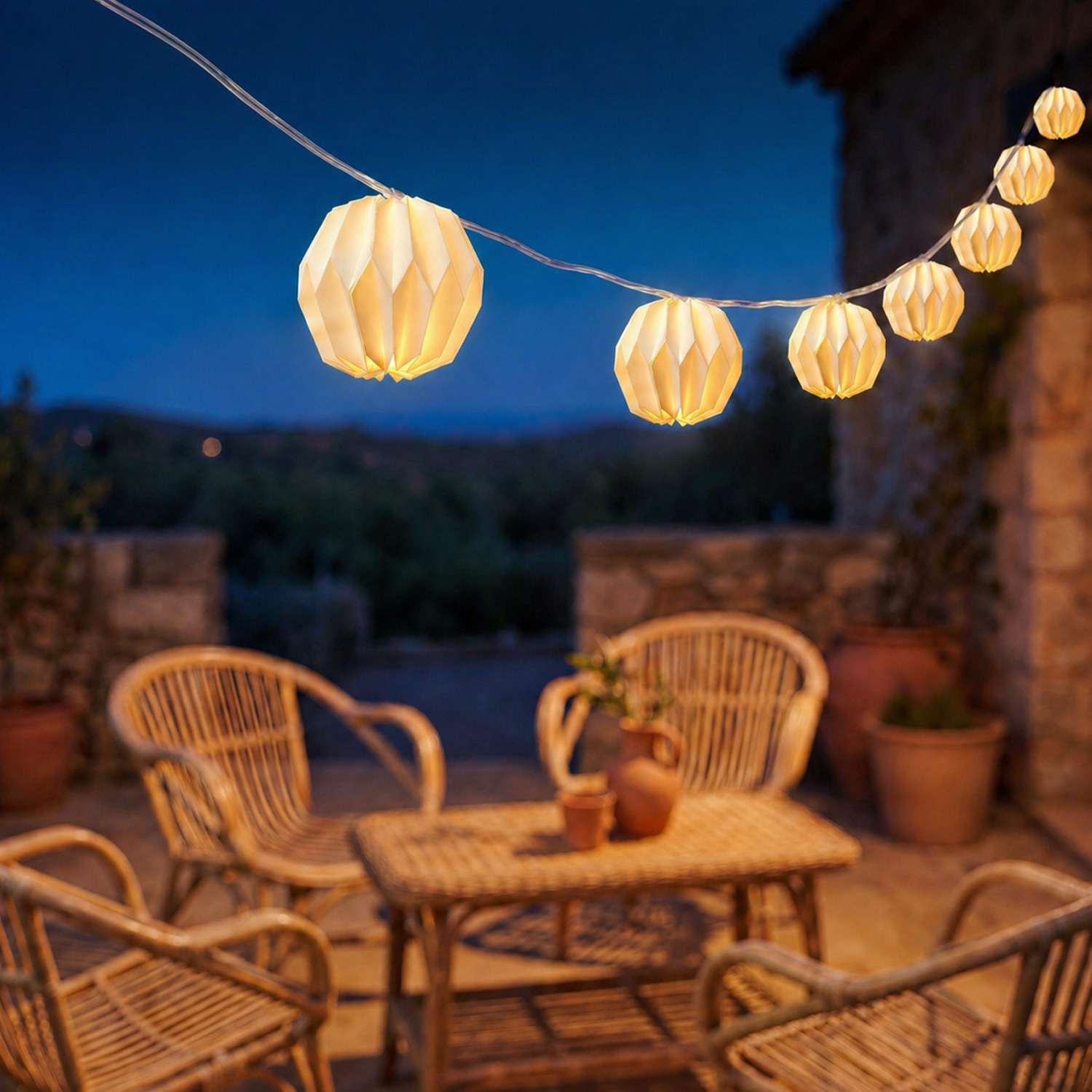 LED Lichterkette Origami Lampions - 10 weisse XL Papierblumen - Timer - L- 3-6m - Batteriebetrieb