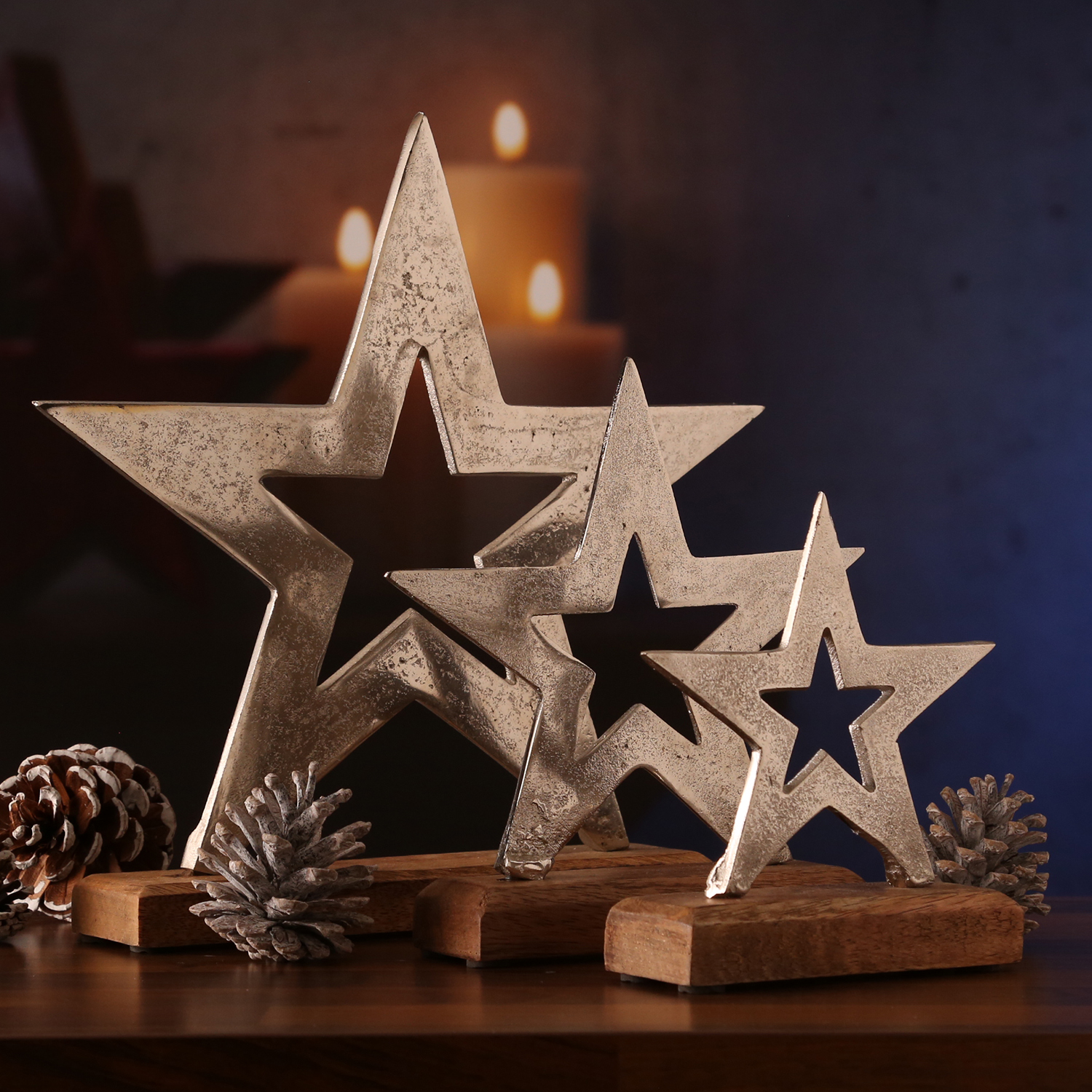 Dekostern aus Aluminium - stehend - Mangoholzsockel - 28,7cm, 20cm, 15,5cm - natur, silber - 3er Set