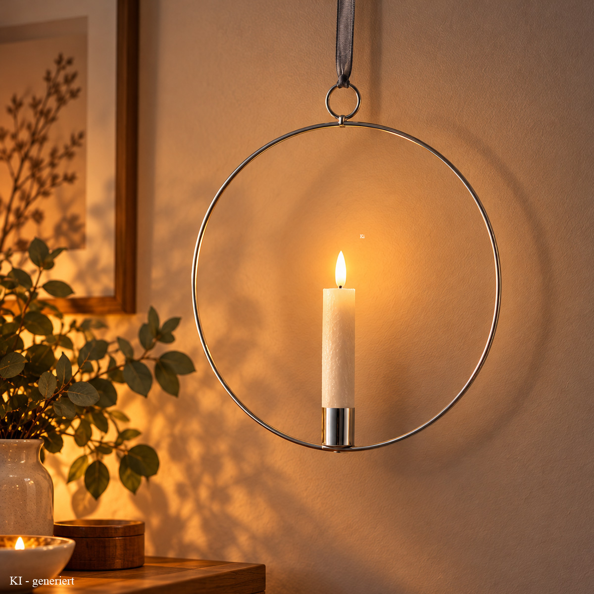 Dekoring mit LED Kerze - Fensterdeko zum Hängen - D: 28,5cm - Timer - Batterie - silber