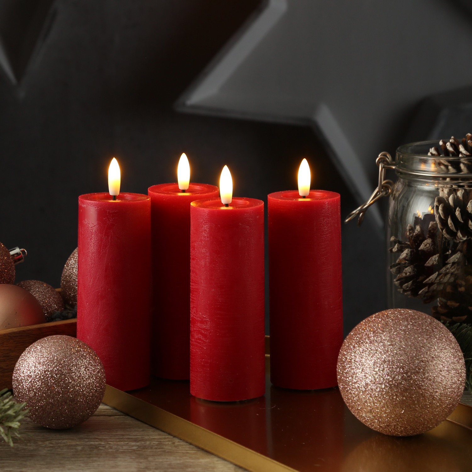 LED Kerzenset LINA - Rustik-Optik - Echtwachs - H: 12,5cm - D: 5cm - Timer - rot - 4er Set
