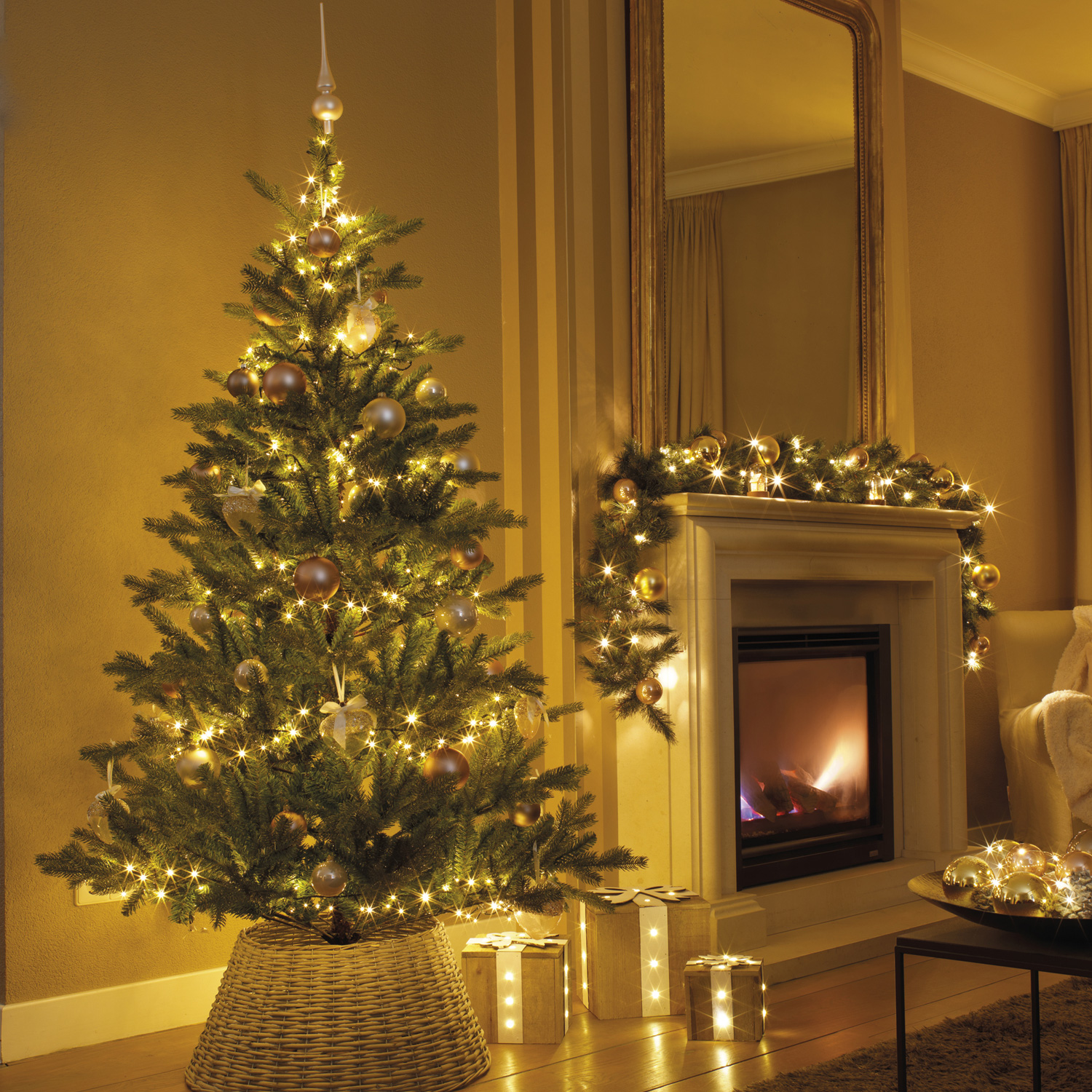LED Baummantel Lichterkette 1-2 GLOW - 5 Stränge - 400 bernstein LED - 1,5m - Timer - Außen - grün