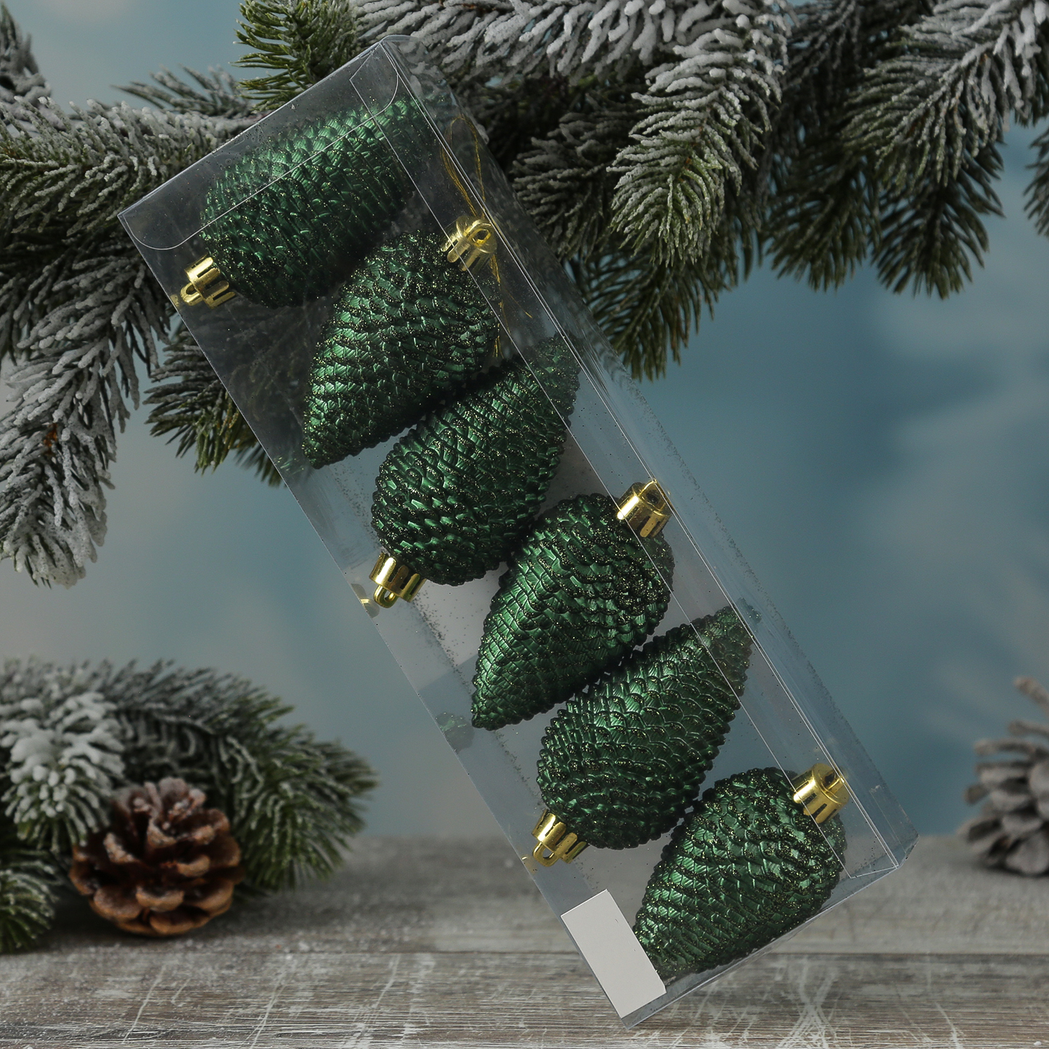 Christbaumschmuck ZAPFEN - Weihnachtsschmuck - bruchfest - glitzernd - H: 8cm - grün - 6er Set