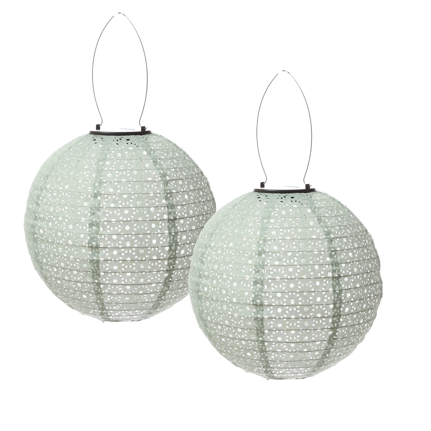 LED Solar Lampion - mit Blumenmuster - H: 25cm D: 25cm - Lichtsensor - salbeigrün - 2er Set