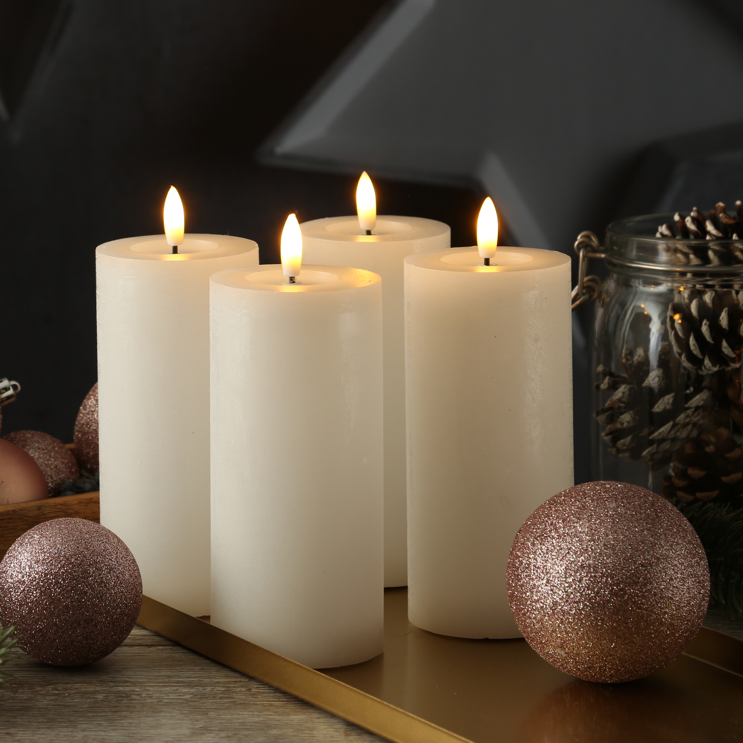 LED Kerzenset LINA - Rustik-Optik - Echtwachs - H: 15cm - D: 7cm - Timer - weiß - 4er Set