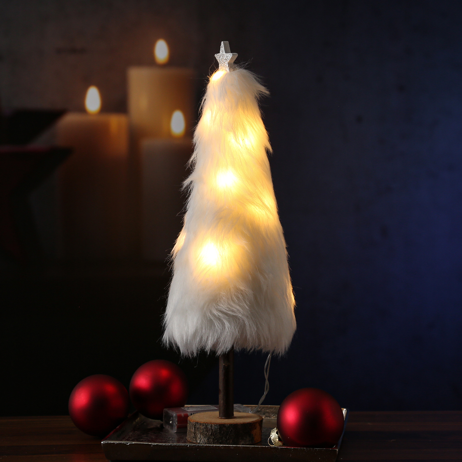 LED Dekobaum PLÜSCH - Holz - Plüschfell - warmweiße LED - Sternspitze - H: 36,5cm - Batterie - weiß