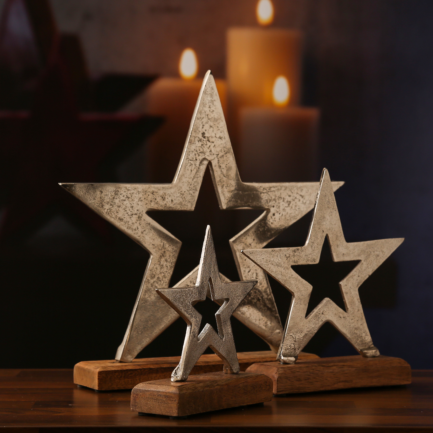Dekostern aus Aluminium - stehend - Mangoholzsockel - 28,7cm, 20cm, 15,5cm - natur, silber - 3er Set