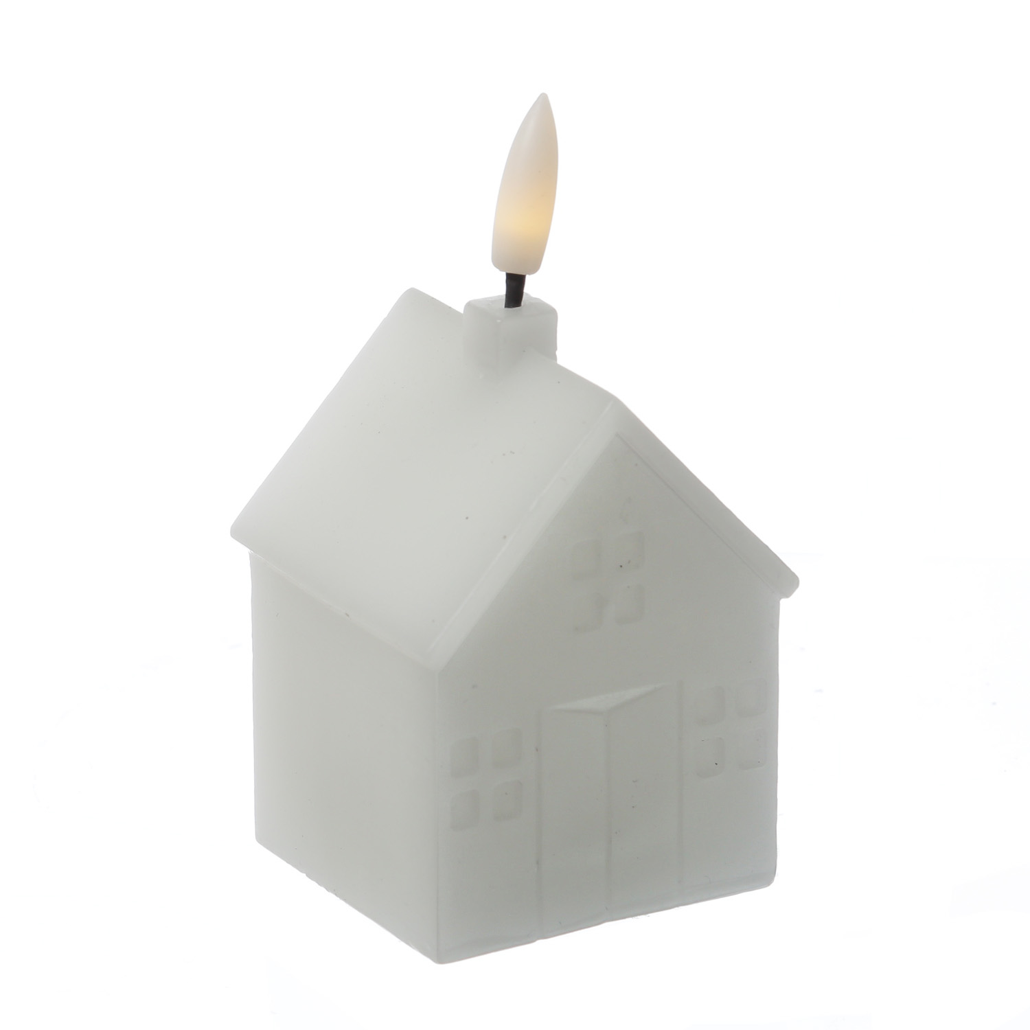 LED Kerze Haus - Echtwachskerze in Hausform - flackernde 3D Flamme - Timer - H: 11cm - weiß