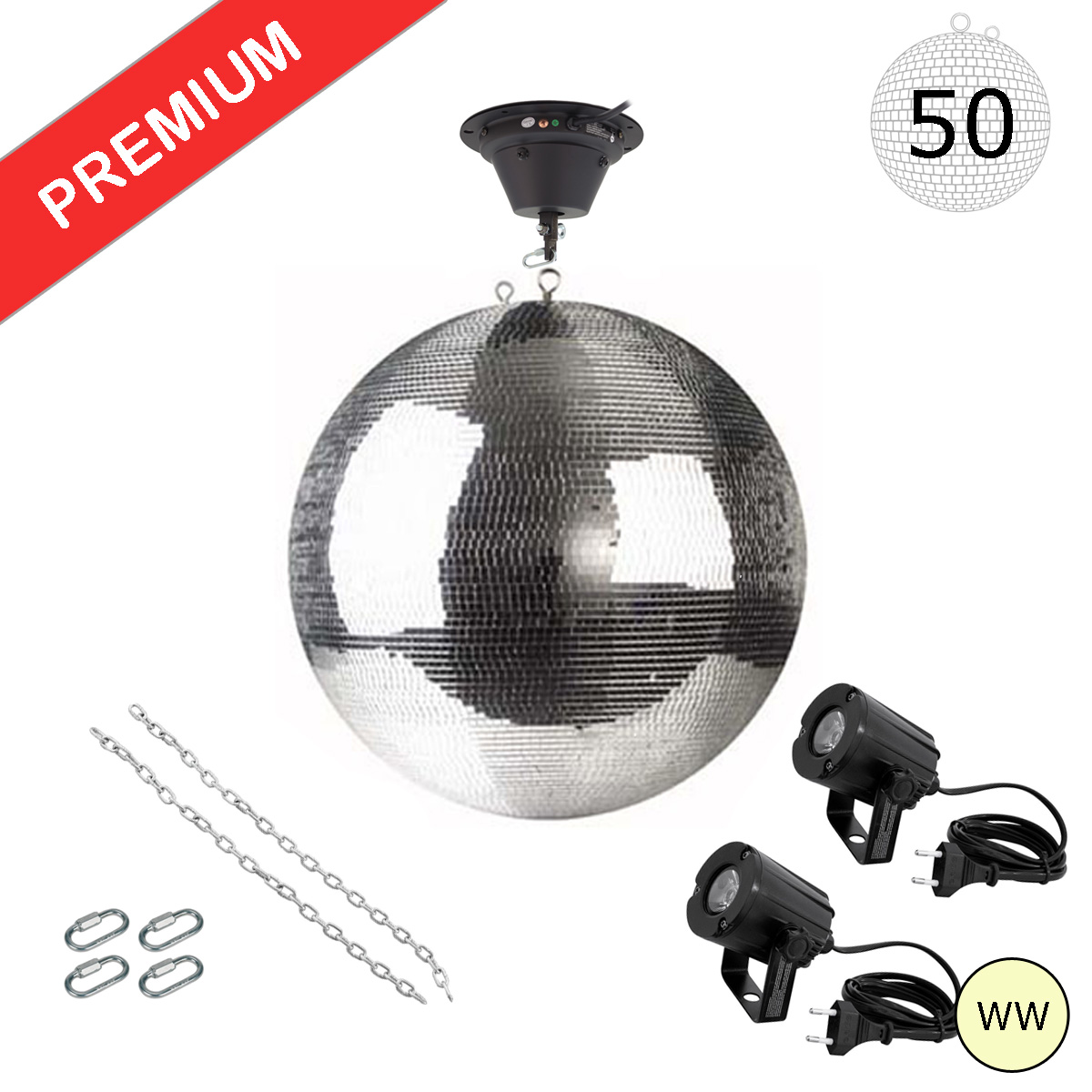 Spiegelkugel Komplettset - Discokugel, Motor, Pinspot, Montagematerial für Diskokugel - Mirrorball Set - Partyset