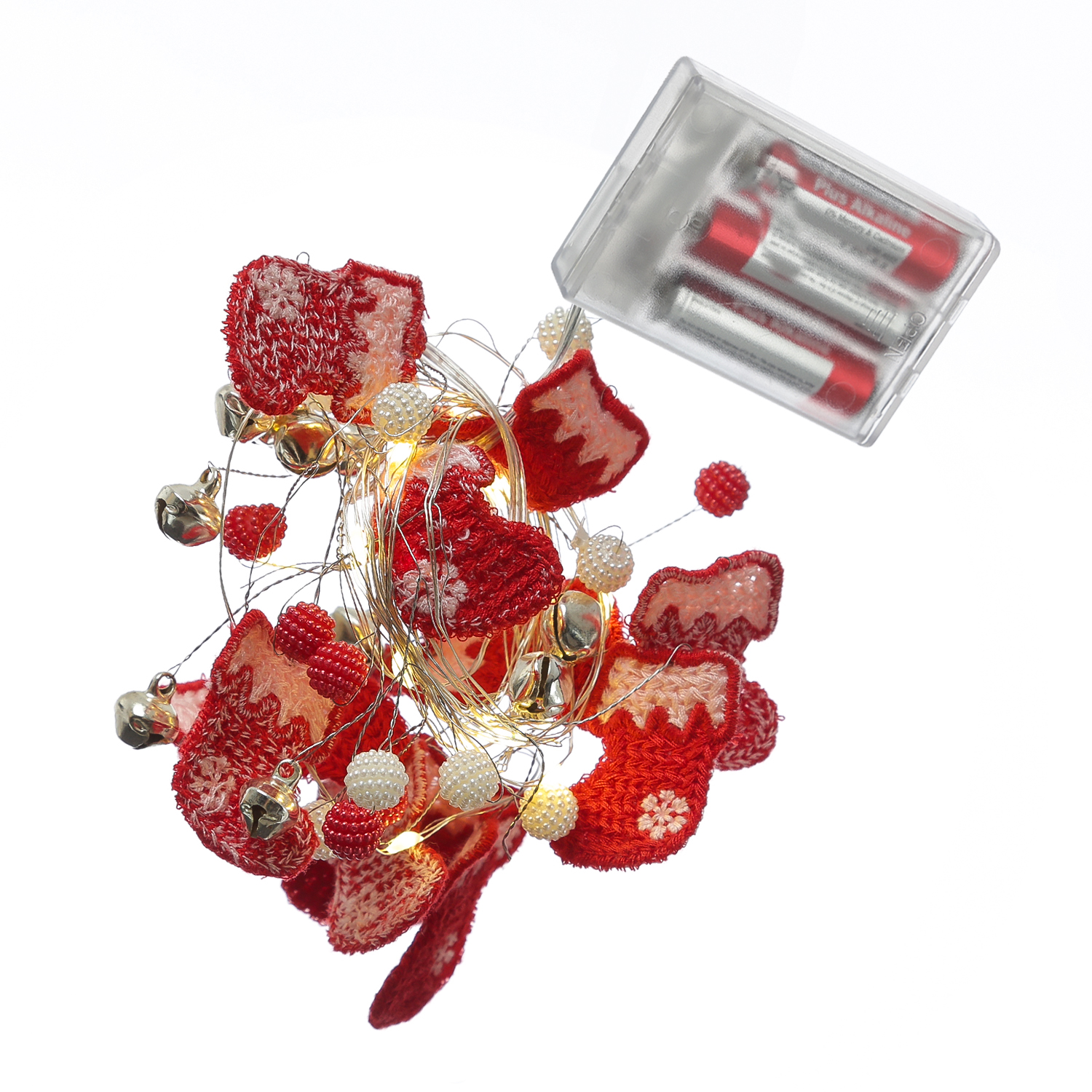 LED Drahtlichterkette Weihnachtssocke - mit Glöckchen - 20 warmweiße LED - L: 1,9m - Timer - rot