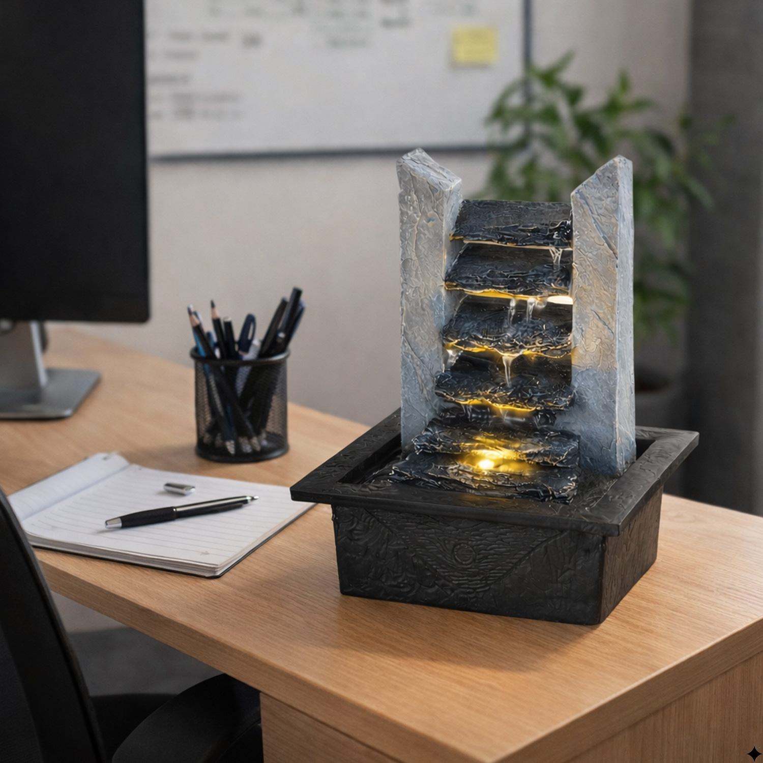 Kaskadenbrunnen Schieferlook Tischbrunnen mit LED H27cm