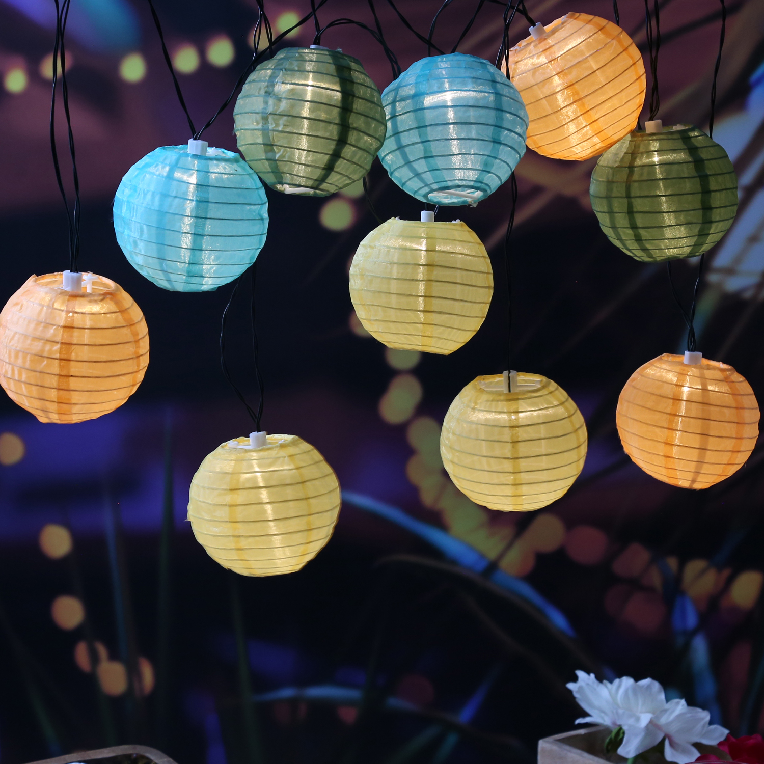 LED Solar Lichterkette LAMPION - 10 warmweiße LED - L: 4,5m - D: 10cm - Lichtsensor - bunt