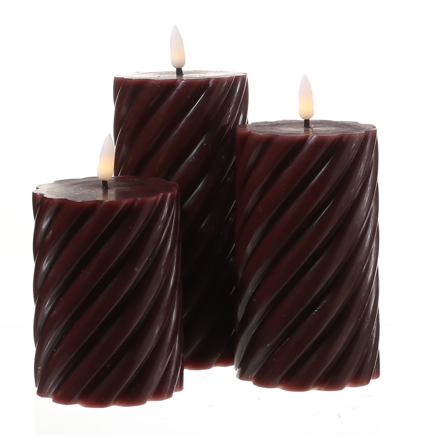 LED Stumpenkerze SWIRL - Echtwachs - warmweiße 3D Flamme - H: 17,5cm - Batterie - Timer - weinrot