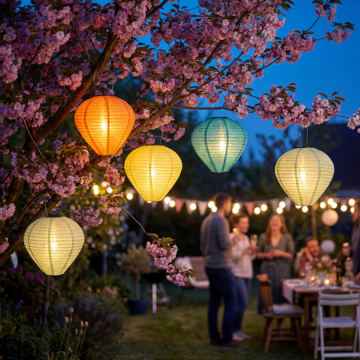 LED Solar Lampion Ballon - mit Blumenmuster - H: 30cm - D: 30cm - Lichtsensor - bunt - 4er Set