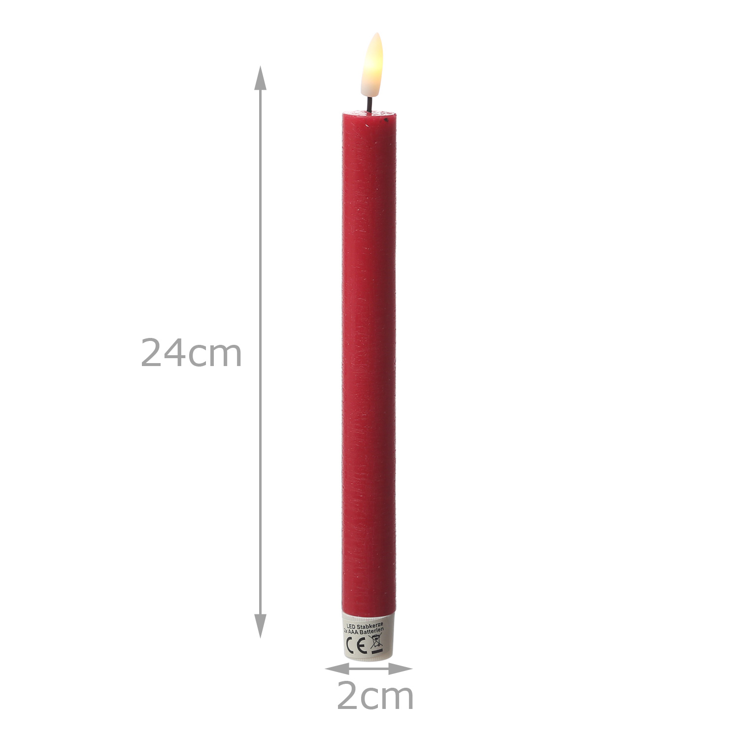 LED Stabkerzen LINA - Rustik-Optik - Echtwachs - 3D Flamme - H: 24cm - Timer - rot - 2er Set
