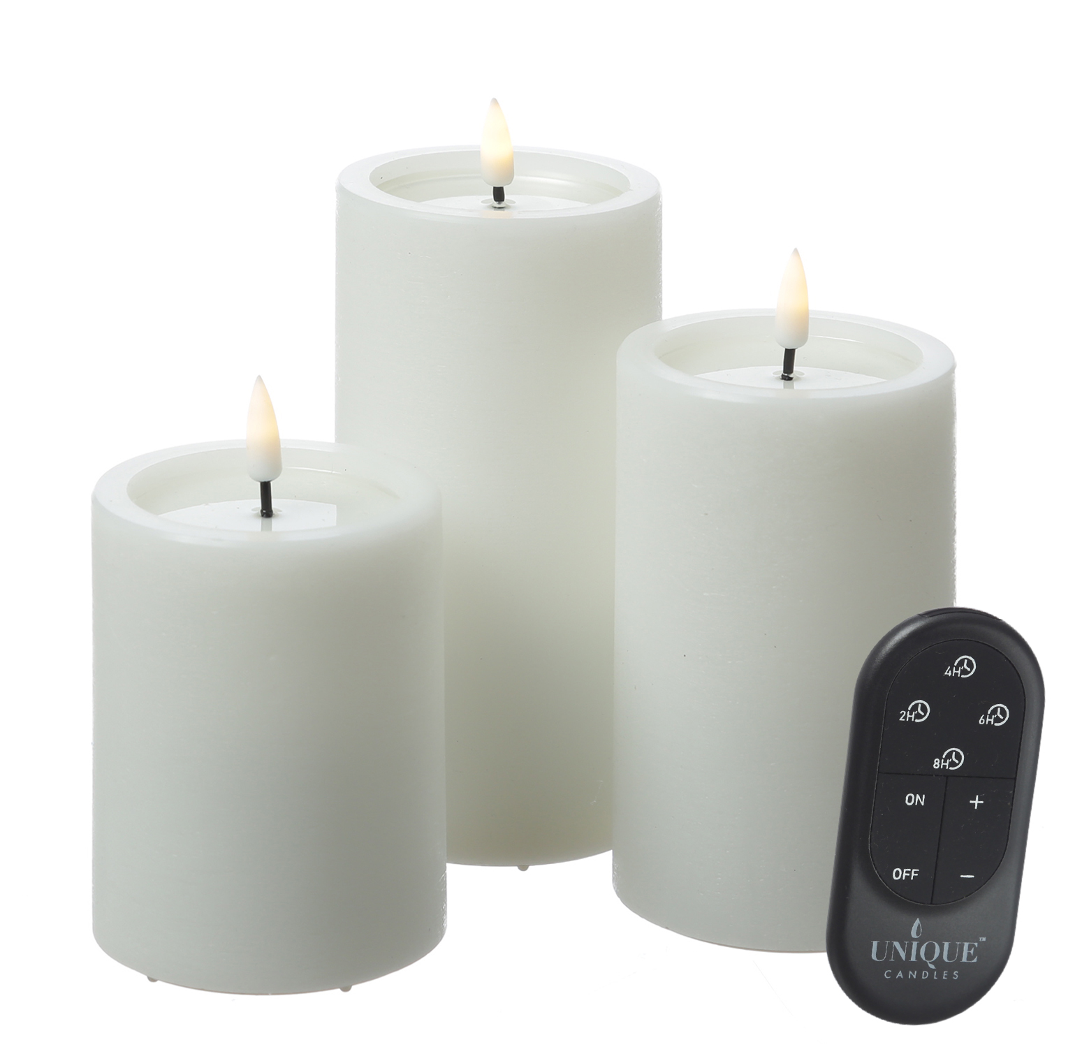 LED Kerzenset UNIQUE - Rustik-Optik - 3 Größen - mit Batterien/Fernbedienung - weiß - 3er Set