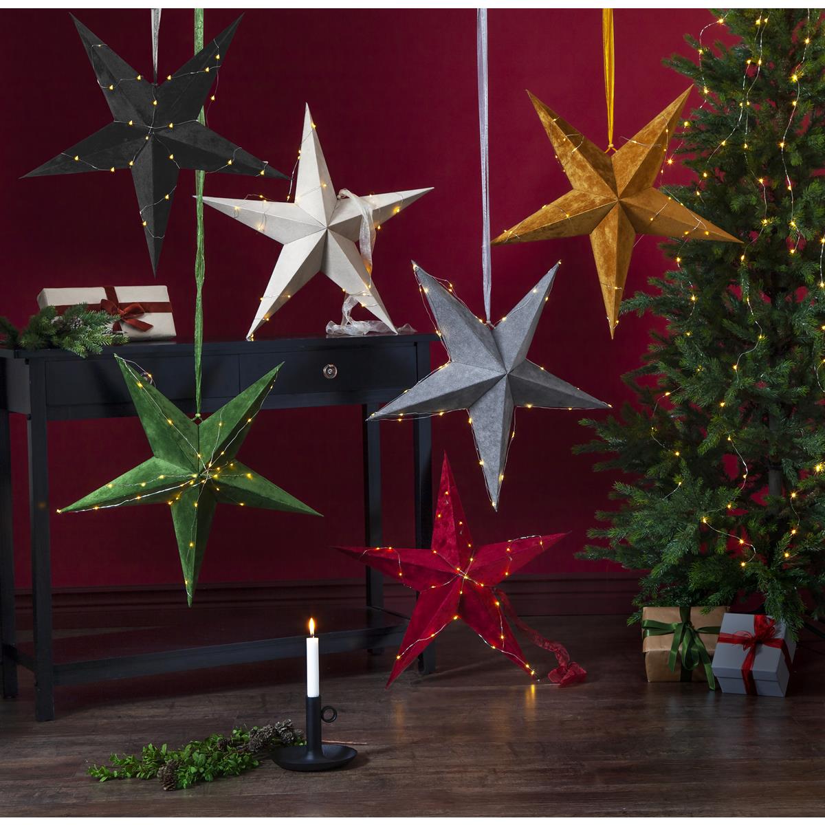 Papierstern Velvet mit Band und Samtbezug - 5-zackig - D: 60 cm - mit Drahtlichterkette  - hellgrau