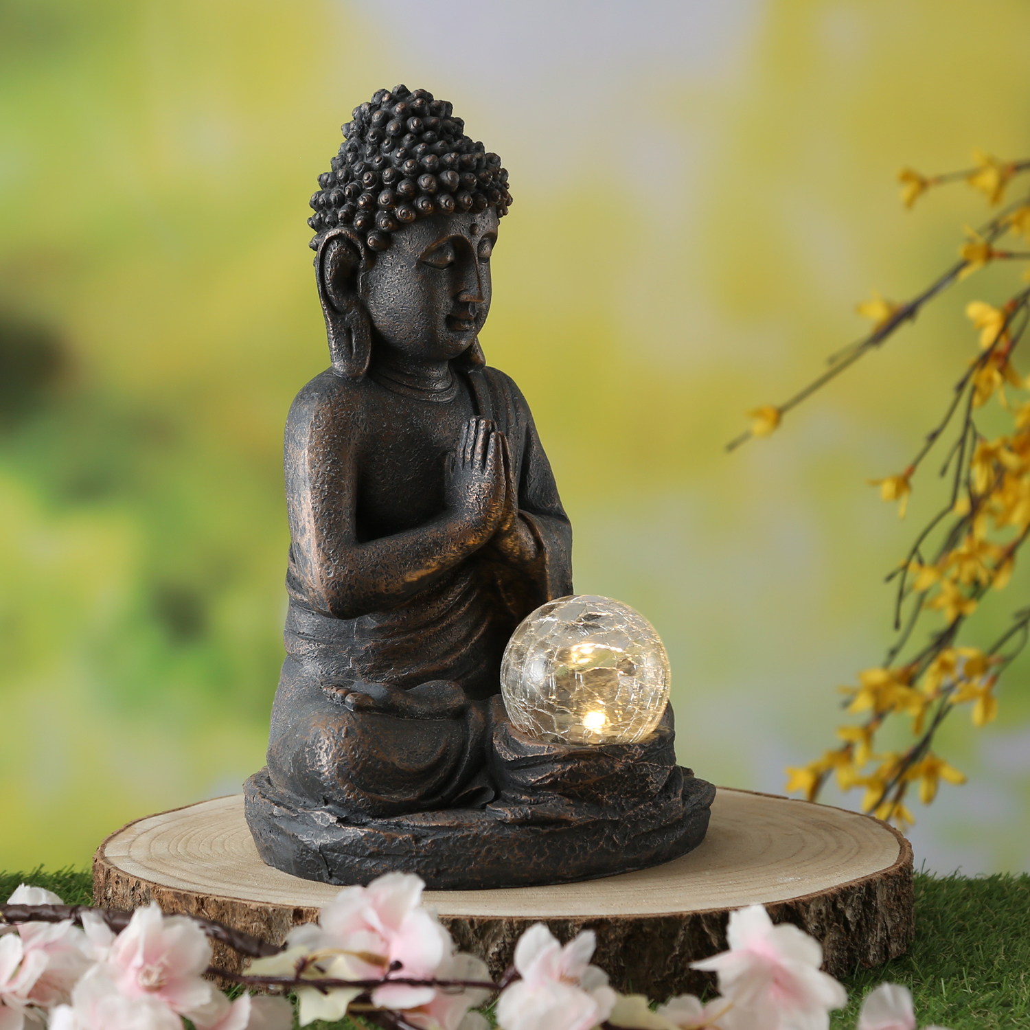 LED Solar Buddha - meditierende Buddhafigur - Polyresin - H: 27cm - Dämmerungssensor