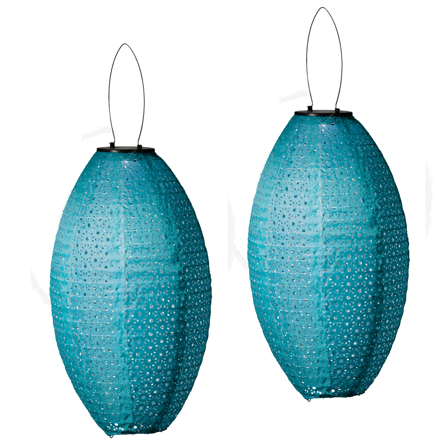 LED Solar Lampions oval - mit Blumenmuster - H: 38cm D: 23cm - Lichtsensor - blau - 2er Set