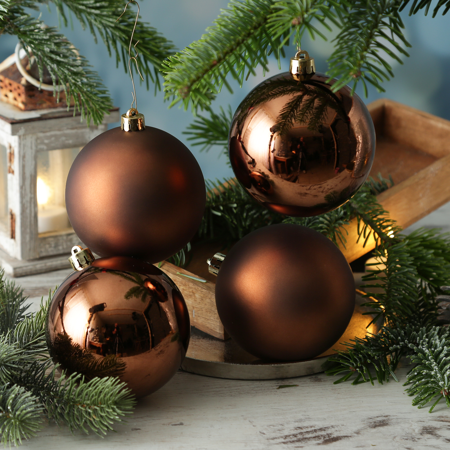 Christbaumkugeln - Weihnachtsbaumkugeln - bruchfest - D: 10cm - glänzend/matt - braun - 4er Set