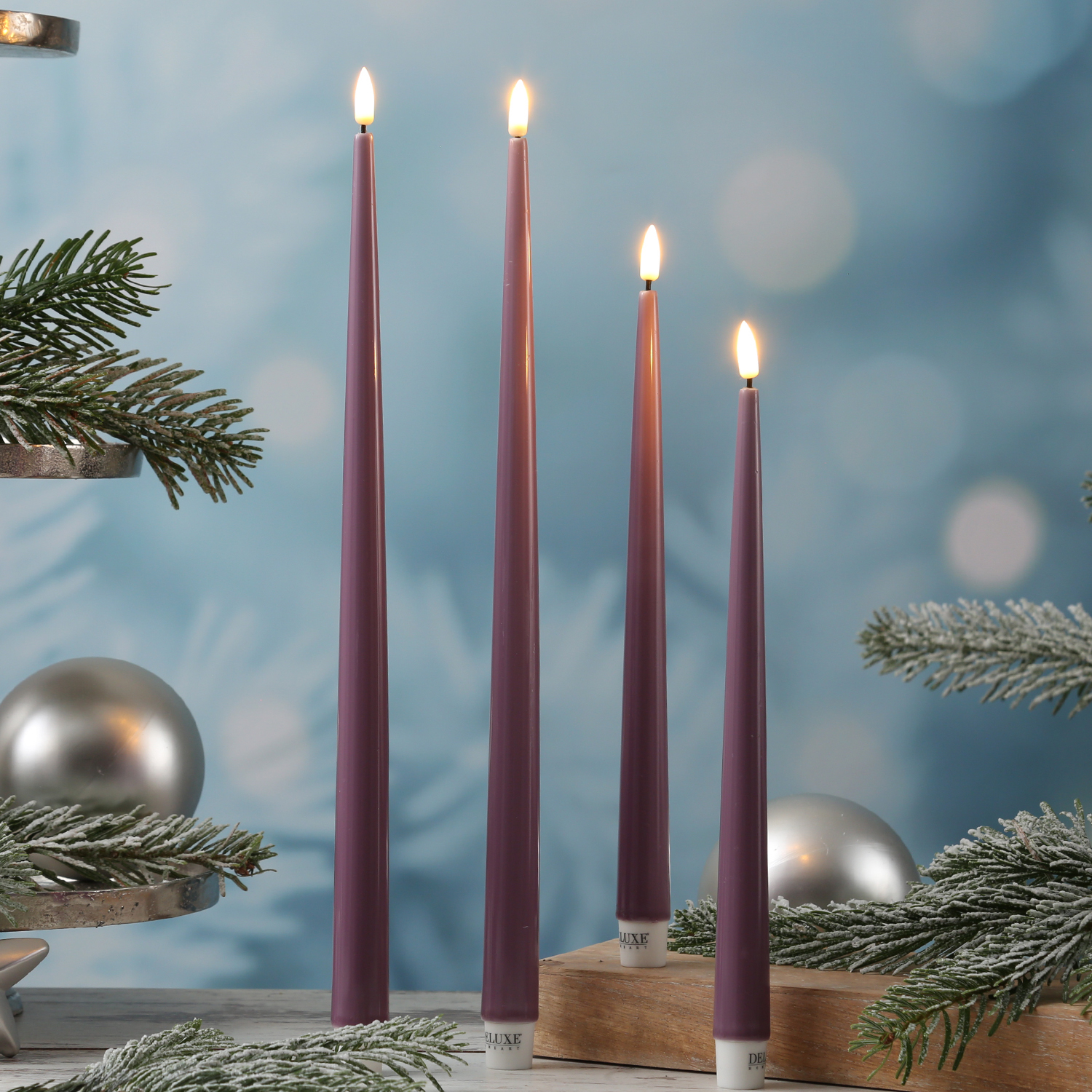 LED Stabkerzen ELLA - Echtwachs - realistische 3D Flamme - H: 28cm - flieder - 2 Stück