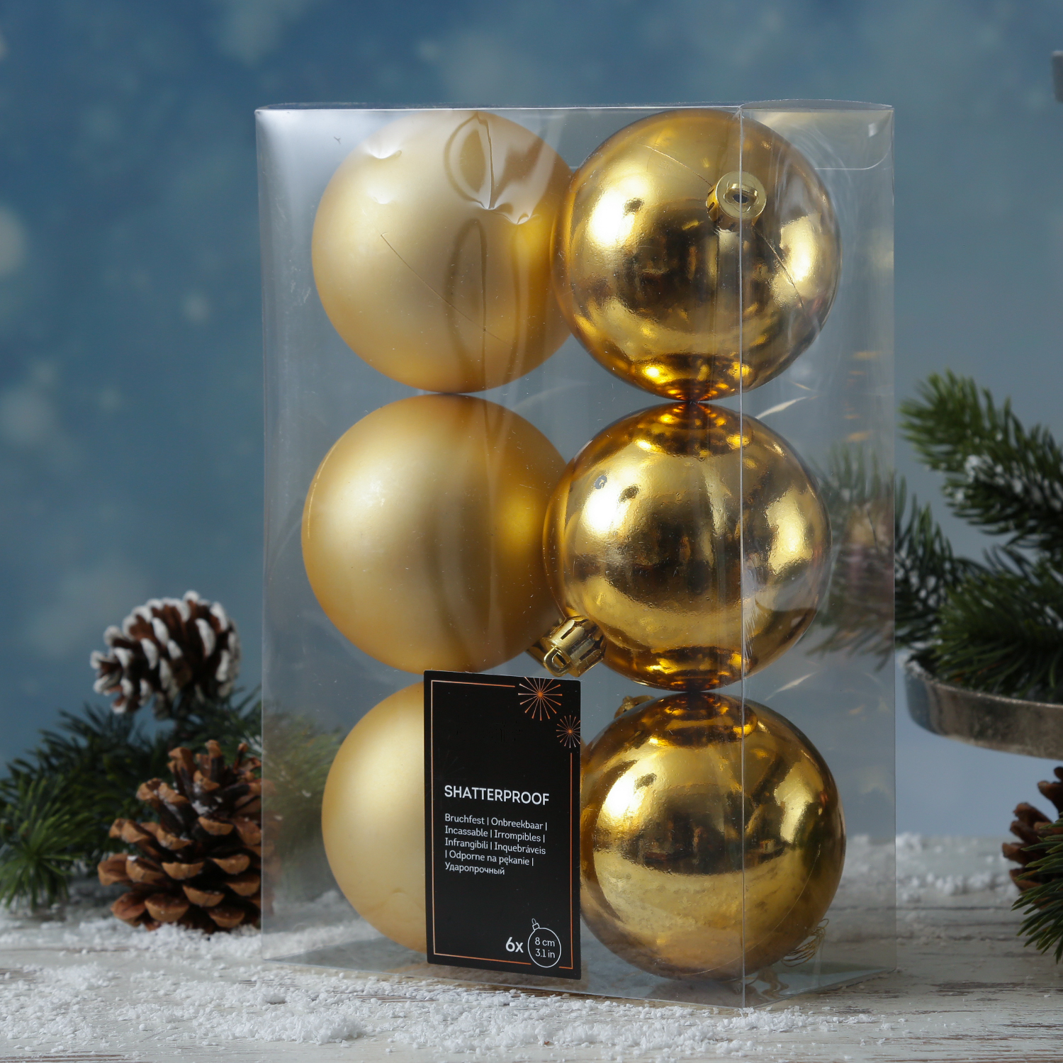 Christbaumkugeln - Weihnachtbaumskugeln - bruchfest - D: 8cm - glänzend/matt  - gold - 6er Set
