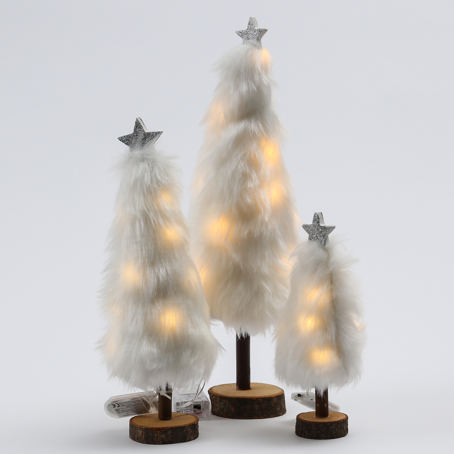 LED Dekobaum PLÜSCH - Holz - Plüschfell - warmweiße LED - Sternspitze - H: 19,5cm - Batterie - weiß