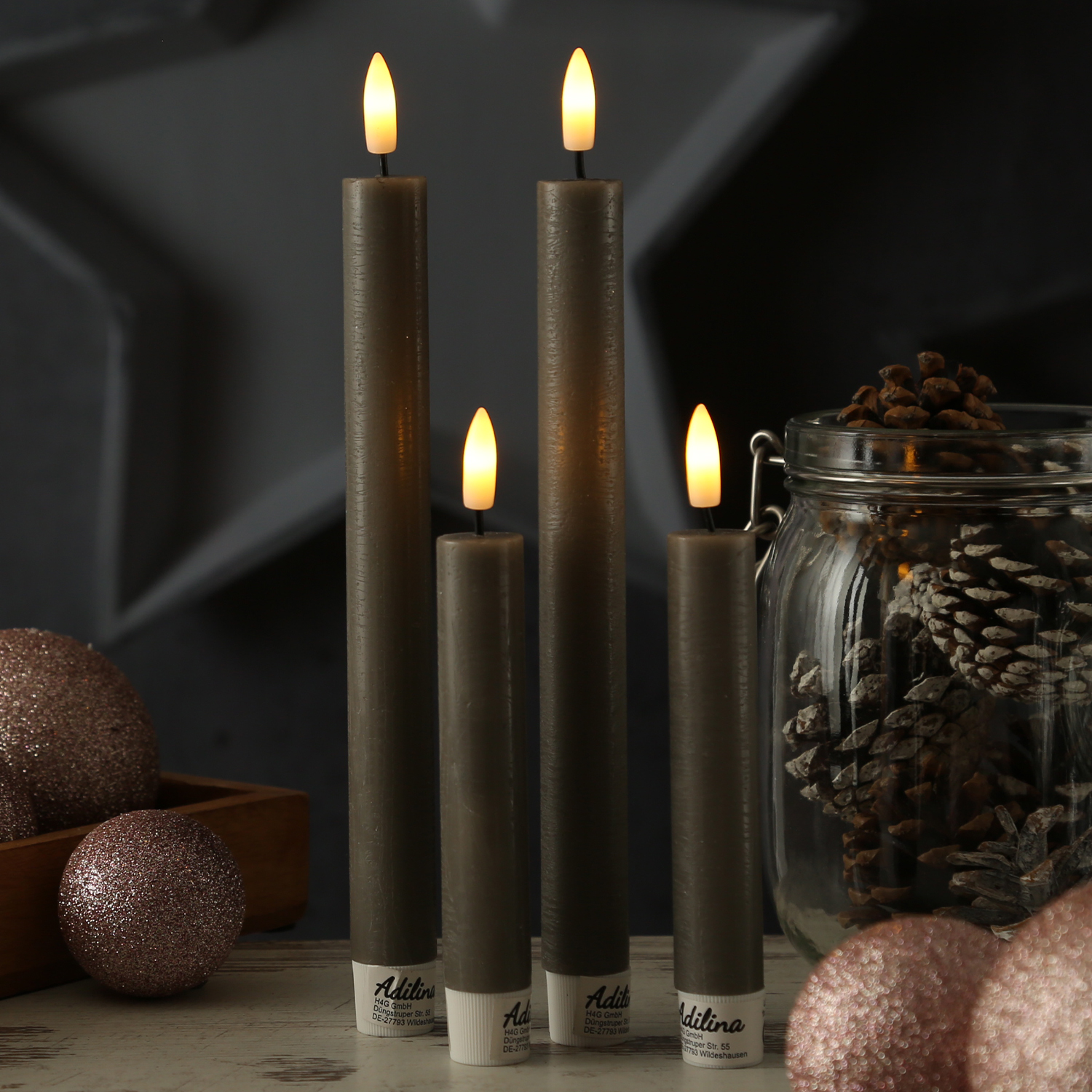 LED Stabkerzen LINA - Rustik-Optik - Echtwachs - 3D Flamme - H: 24cm - Timer - grau - 2er Set