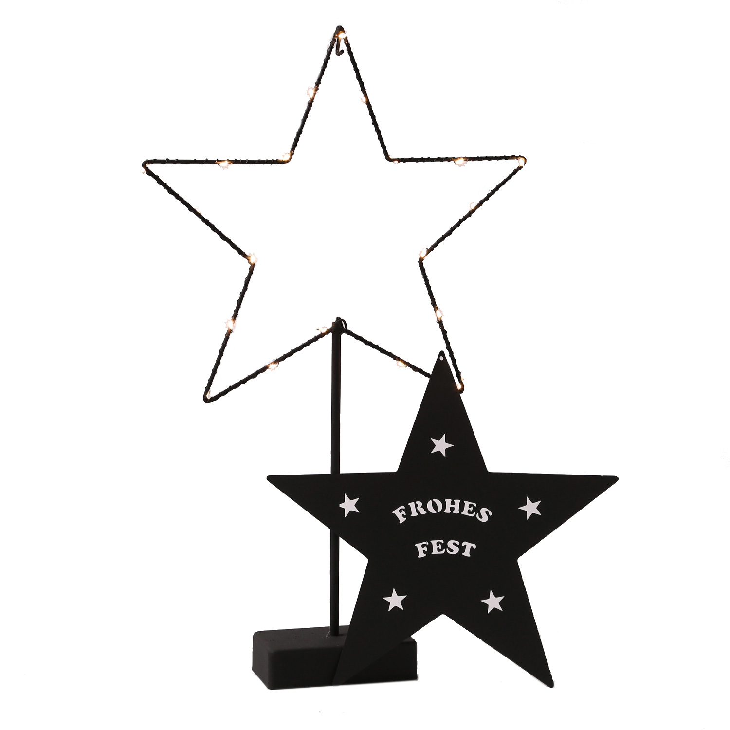 LED Stern FROHES FEST - Metallstern - stehend - 5zackig - H: 45cm - 20 LED - Batterie - schwarz
