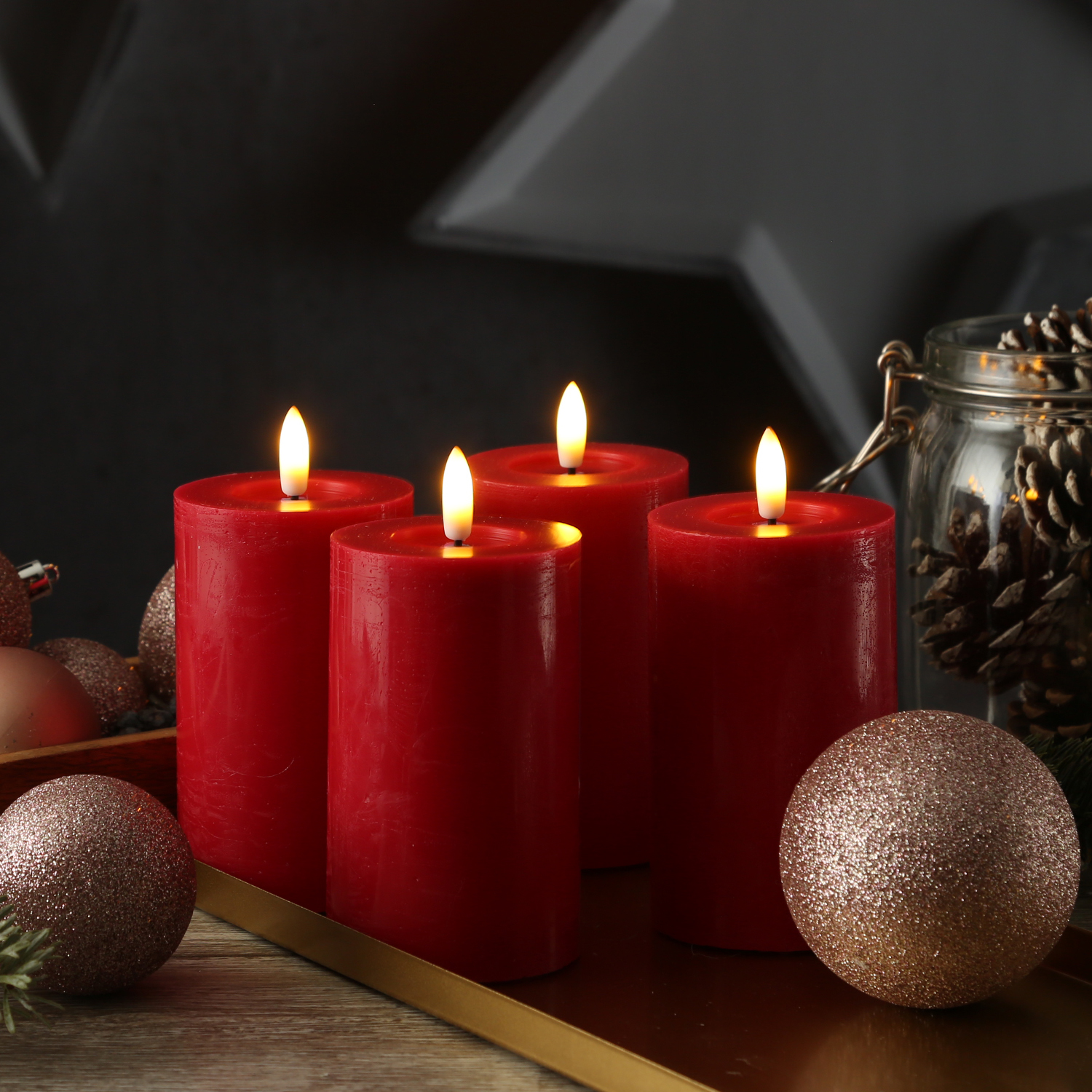 LED Kerzenset LINA - Rustik-Optik - Echtwachs - H: 11cm - D: 7cm - Timer - rot - 4er Set