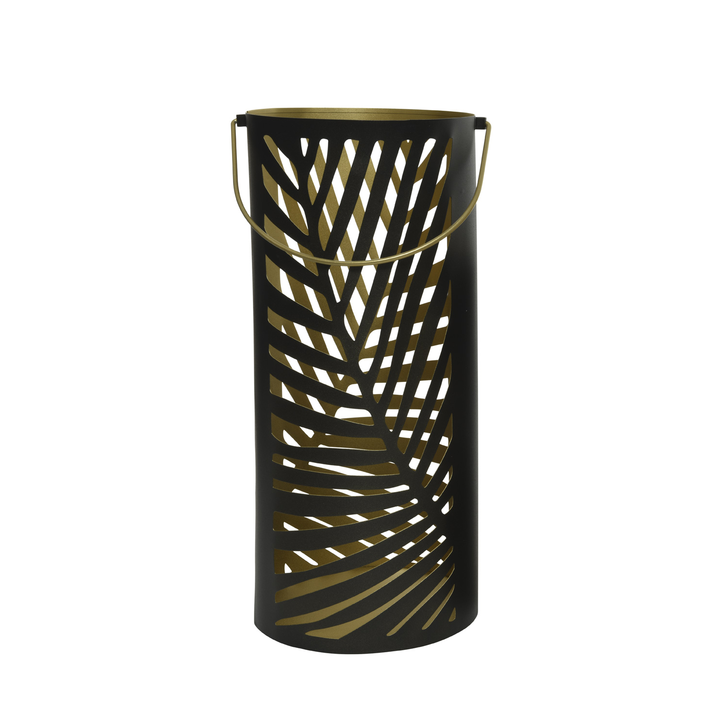 Windlicht mit Blattmotiv - mit Henkel - Metall - 3 verschiedene Größen - schwarz/gold - 3er Set