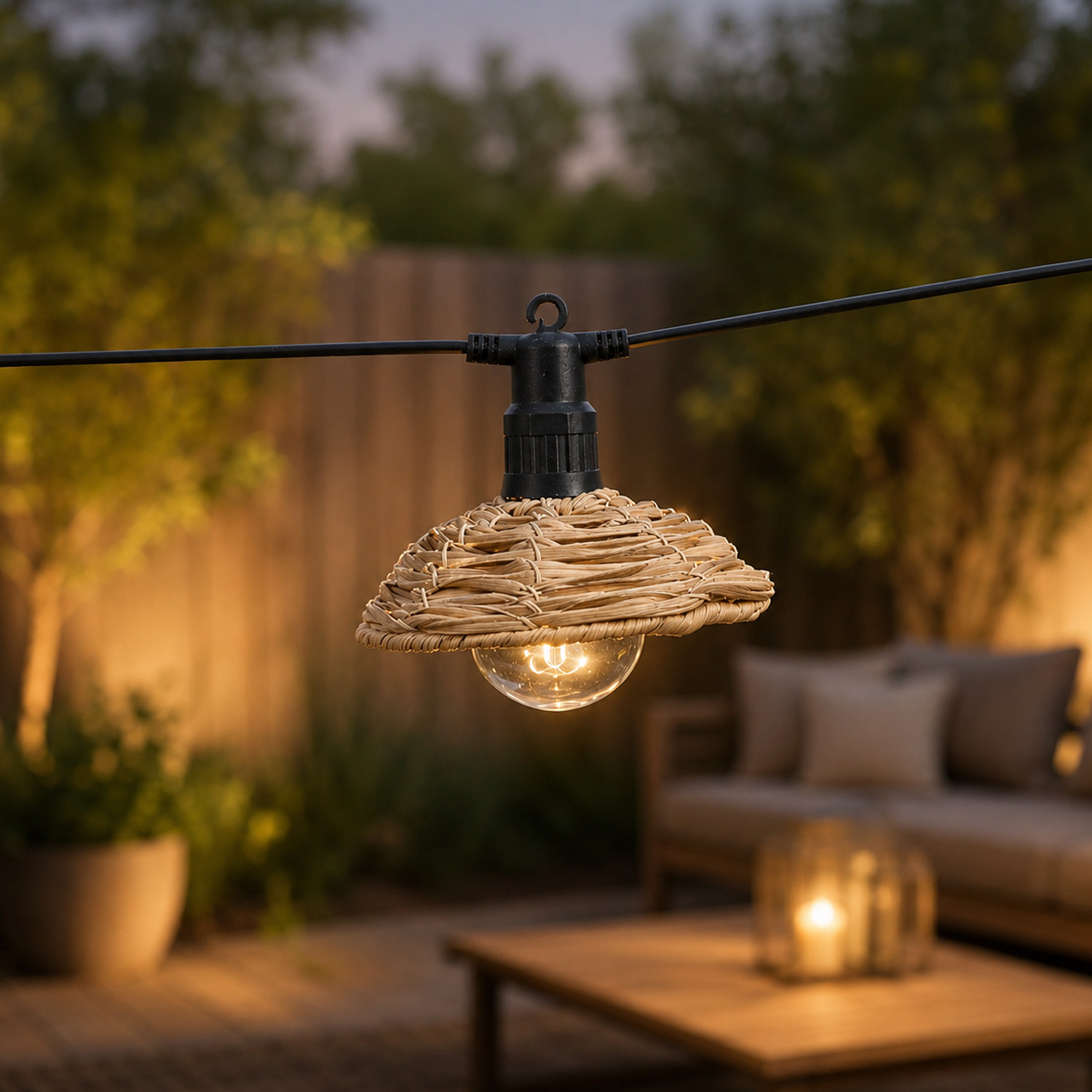 LED Lichterkette BOHO - 6 beluchtete Lampenschire in Korbgeflecht-Optik aus Kunststoff - L: 3,5m