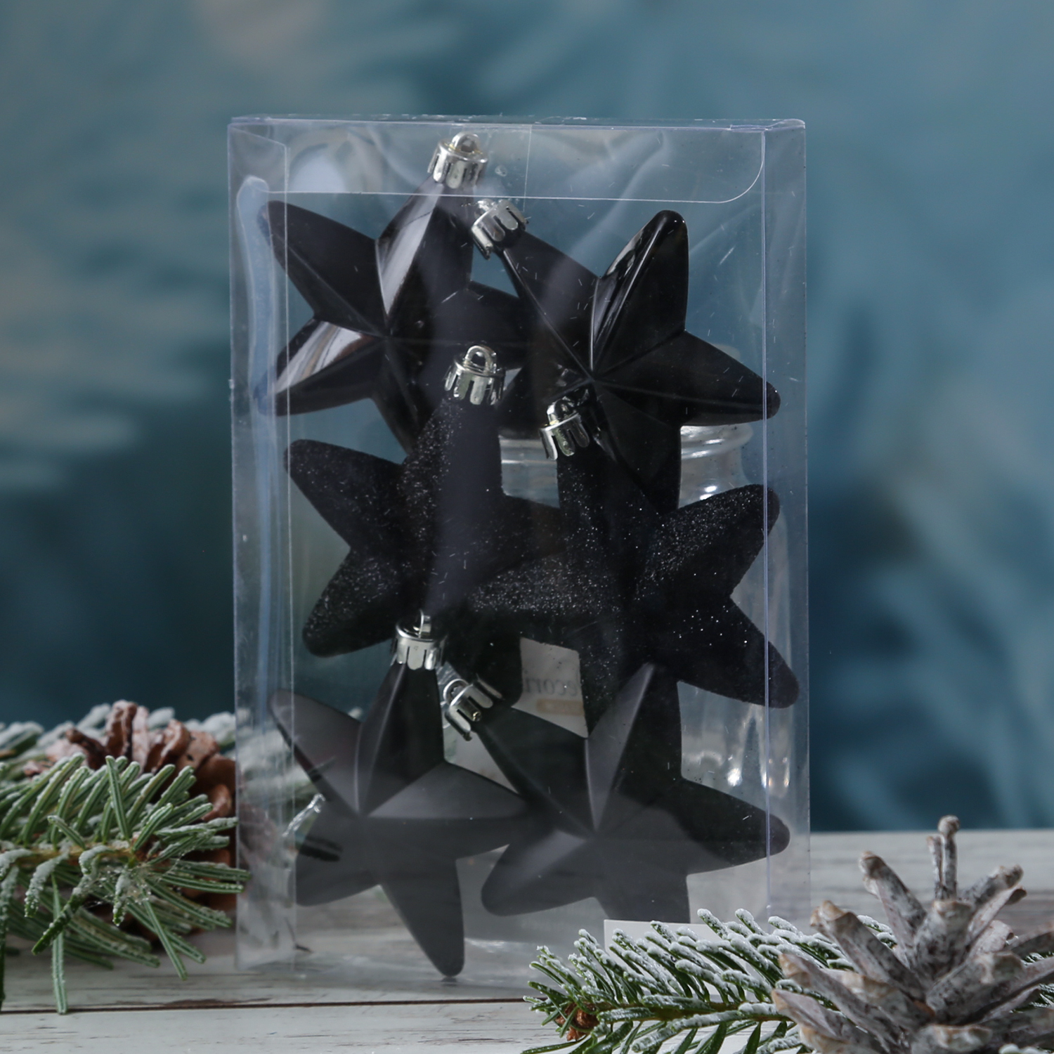 Christbaumschmuck STERN - Weihnachtsschmuck - bruchfest - glänzend matt glitzernd - schwarz - 6 Stk.