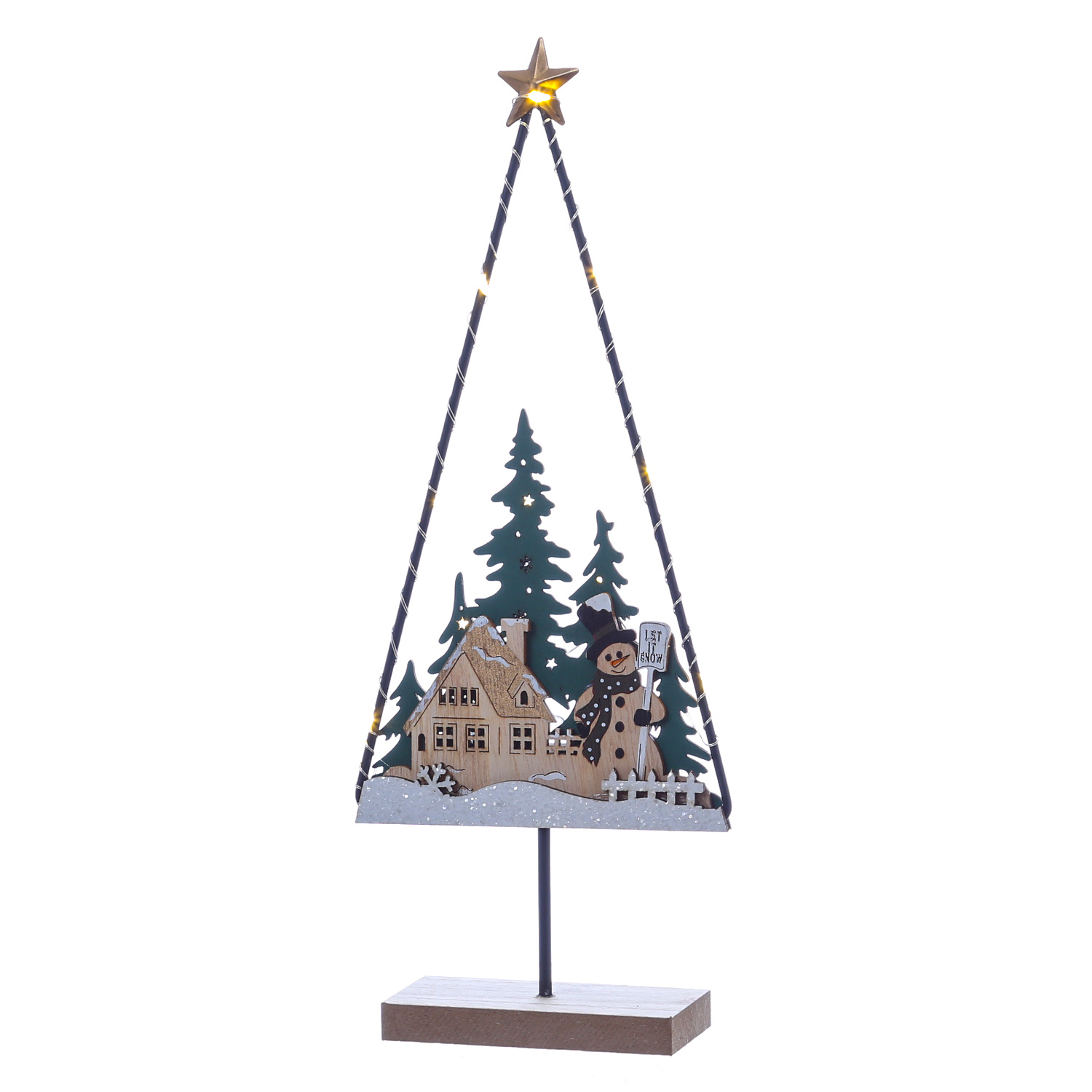 LED Dekoleuchte SCHNEEMANN - Dekoobjekt - Holz - 10 warmweiße LED - H: 33cm - Batteriebetrieb