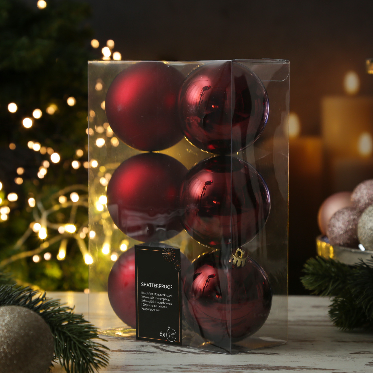 Christbaumkugeln - Weihnachtbaumskugeln - bruchfest - D: 8cm - glänzend/matt  - weinrot - 6er Set