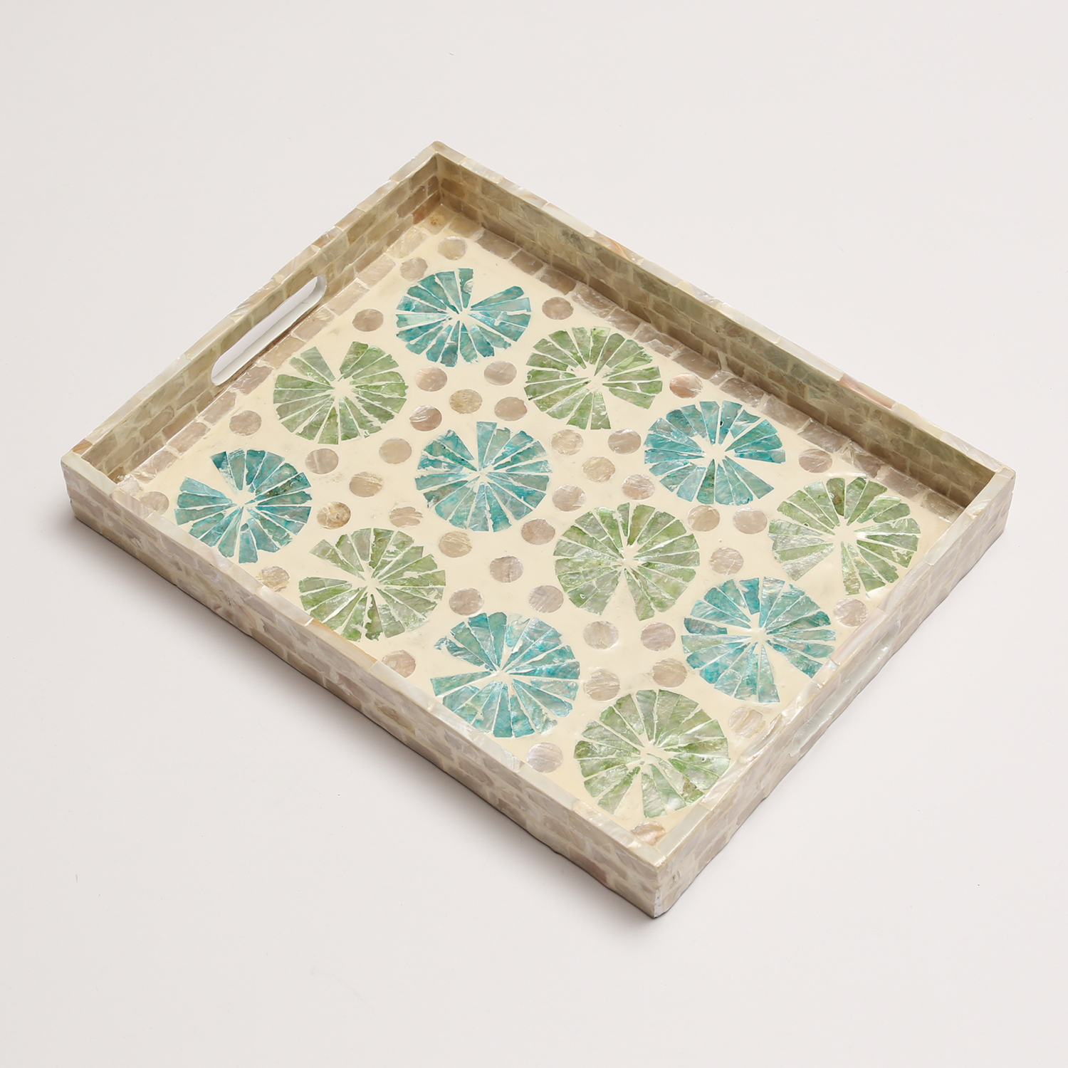 Tablett - Dekotablett - mediterranes Muster - Keramik - L: 38cm - B: 29cm - natur, grün, blau, weiß