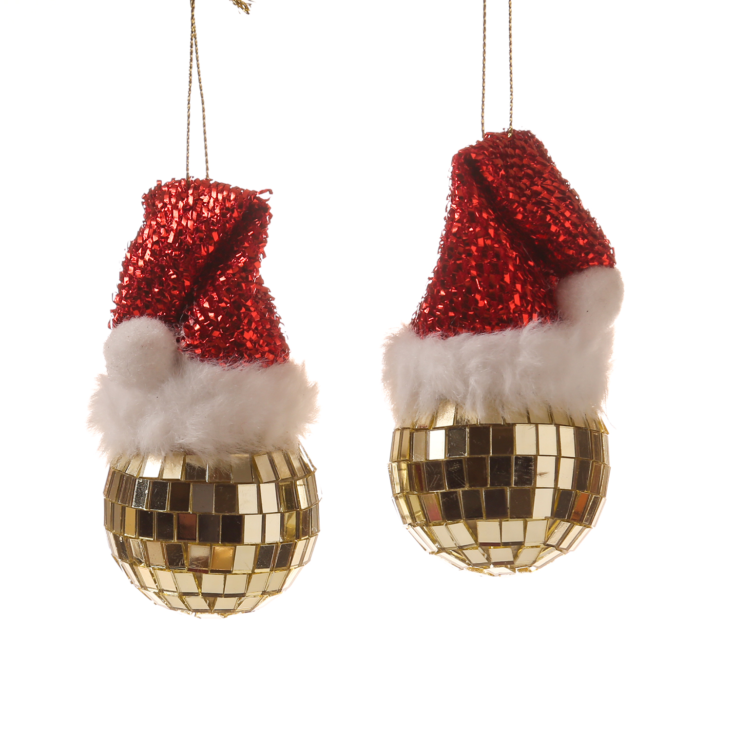 Weihnachtsbaumschmuck DISCOKUGEL mit Nikolausmütze - Kunststoff - inkl. Aufhänger - gold - 2er Set