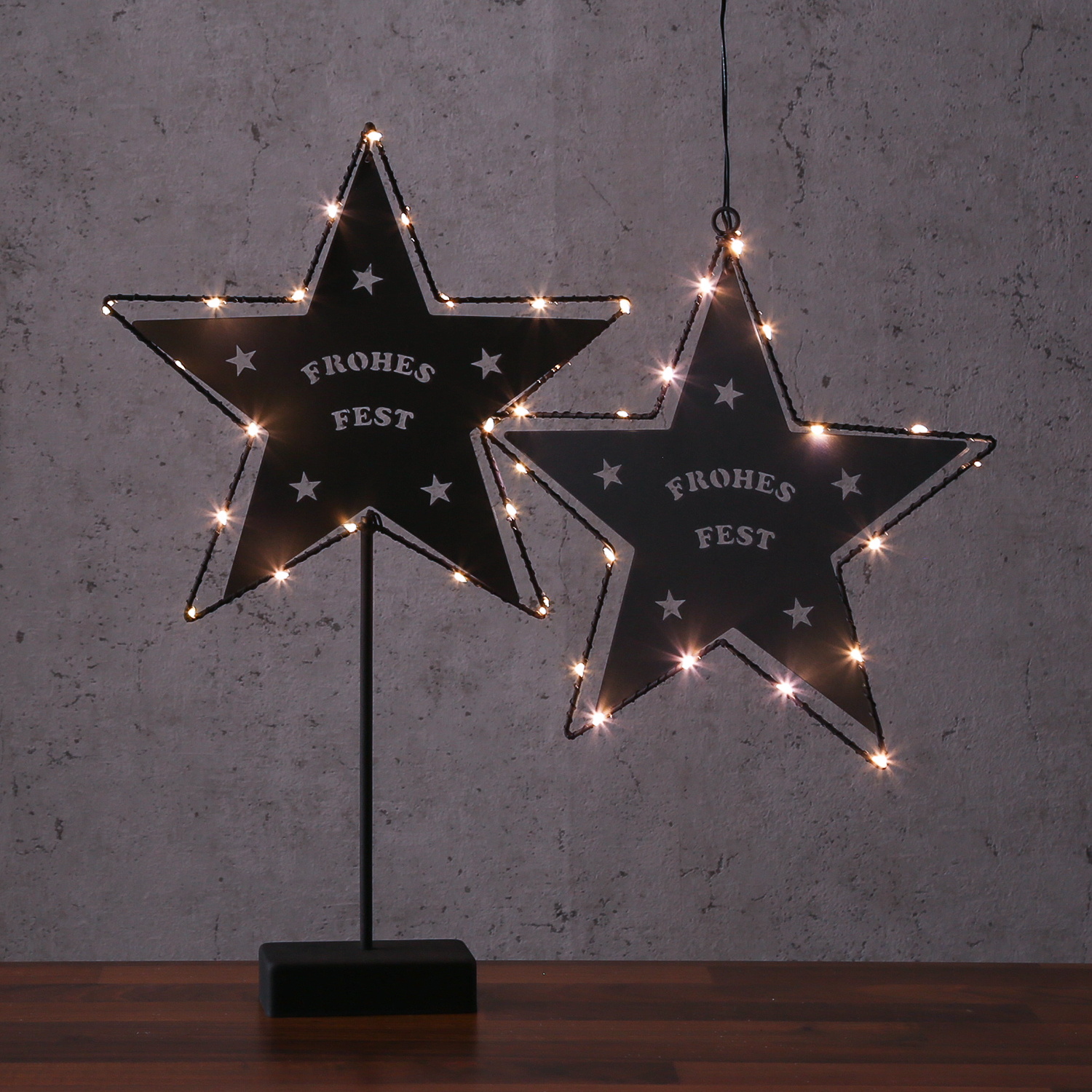 LED Hängestern FROHES FEST - Metallstern - 5-zackig - D: 27cm - 20 LED - Batteriebetrieb - schwarz