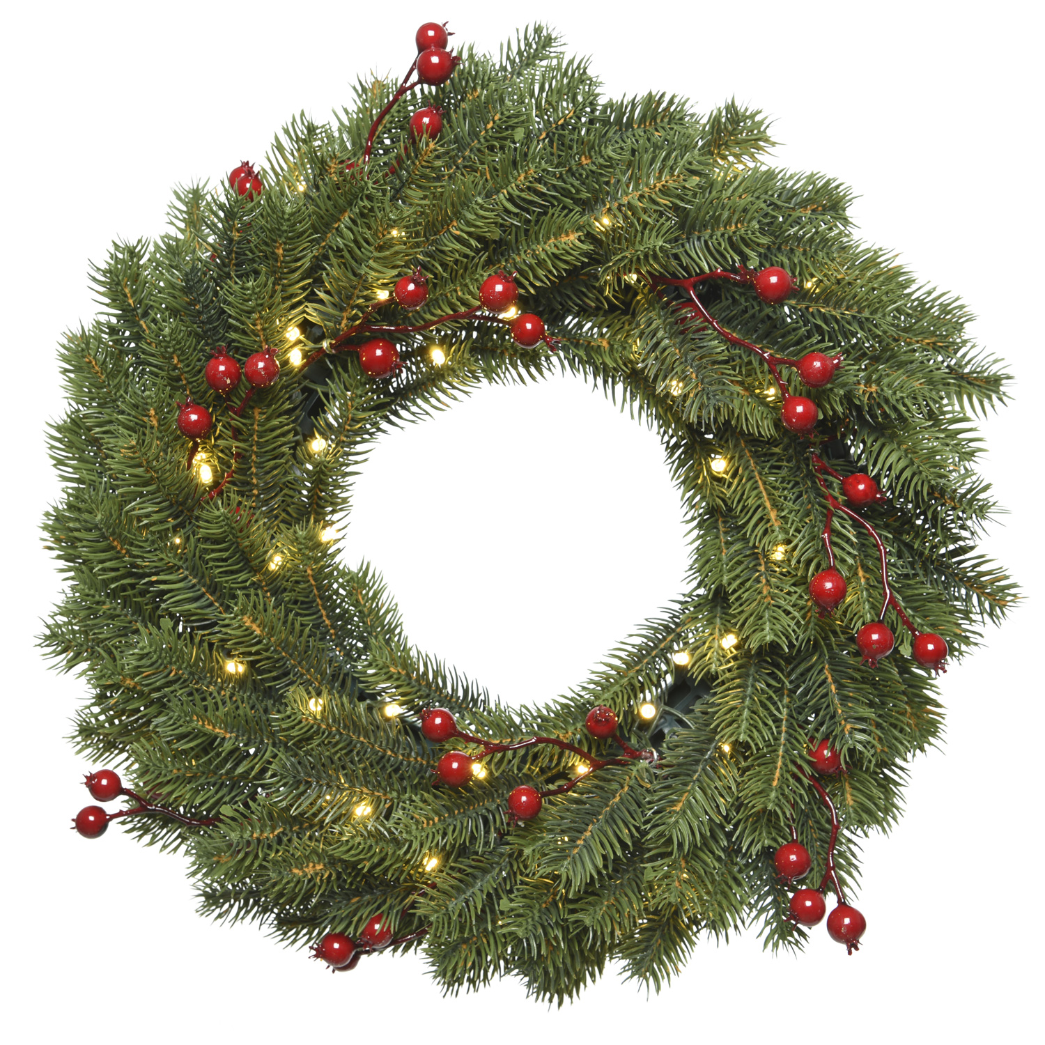 Tannenkranz - Kunststoff - rote Beeren - 49 warmweiße LED - D: 40cm - Timer - Batterie - grün